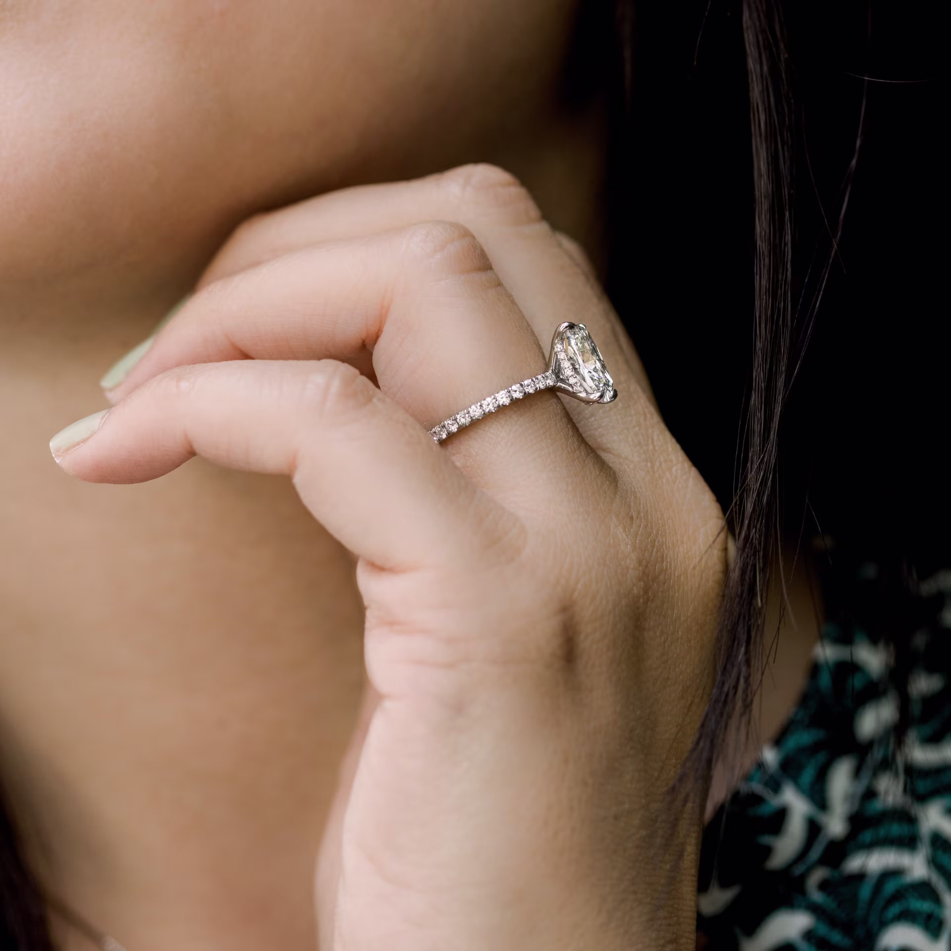 High Quality 3.0 Carat Lab Grown Diamonds set in Platinum Cushion Petite Four Prong Pavé Setting (Profile View)