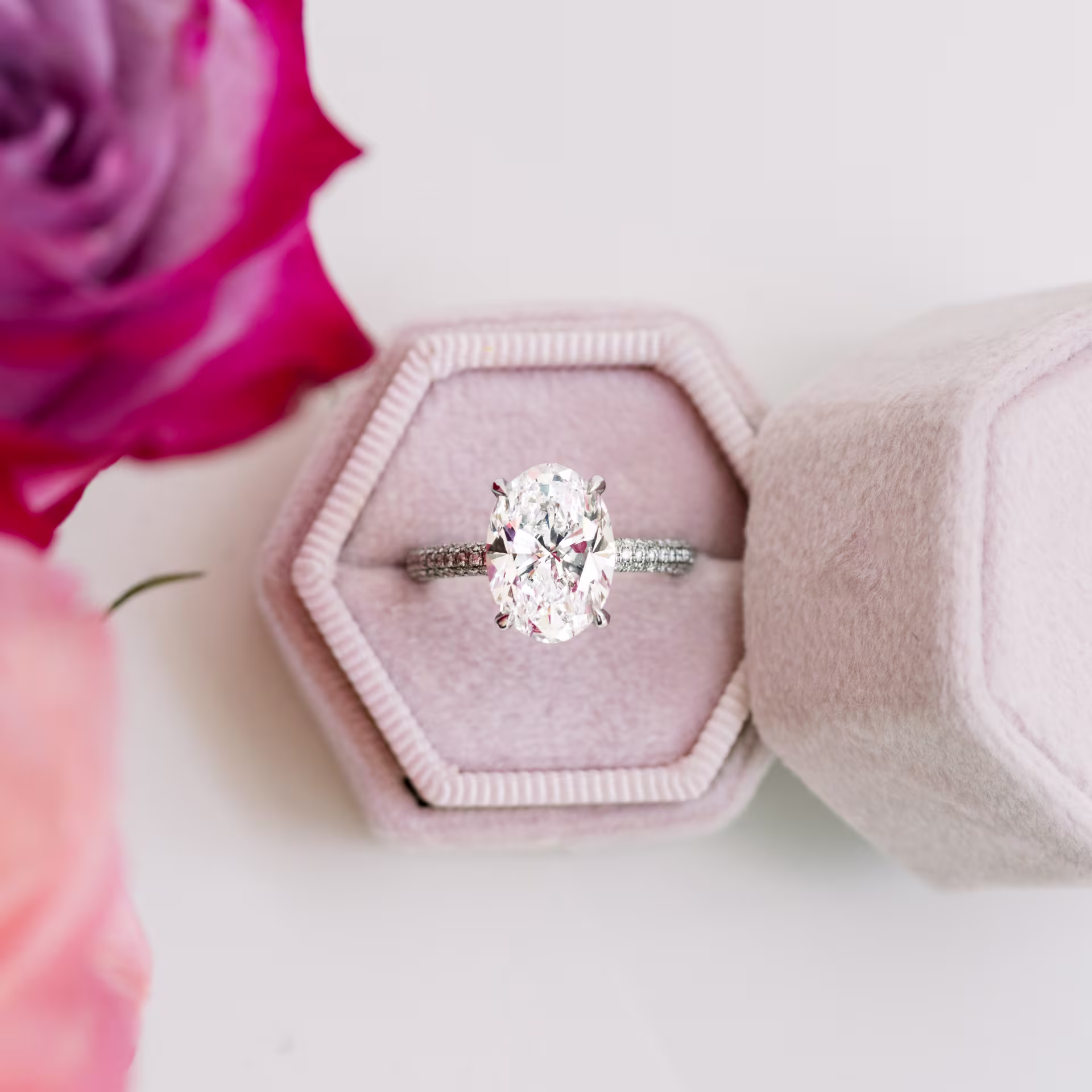 High Quality 3.75 Carat Lab Diamonds set in Platinum Three Sided Pavé Diamond Engagement Ring (Main View)