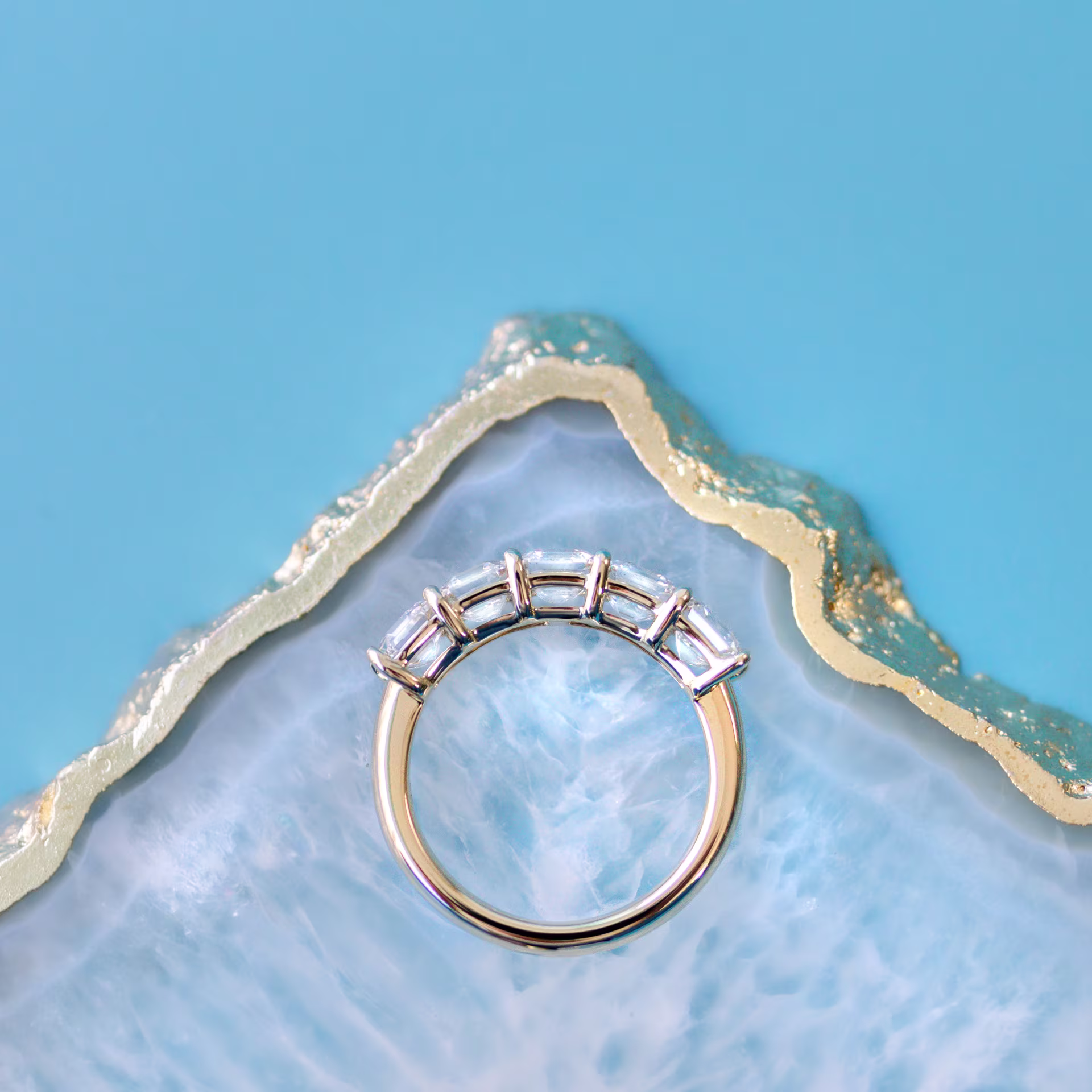 14k Yellow Gold 3.5ctw Asscher Cut Five-Stone Band in 14k Yellow Gold featuring High Quality 3.5 Carat Lab Diamonds (Profile View)