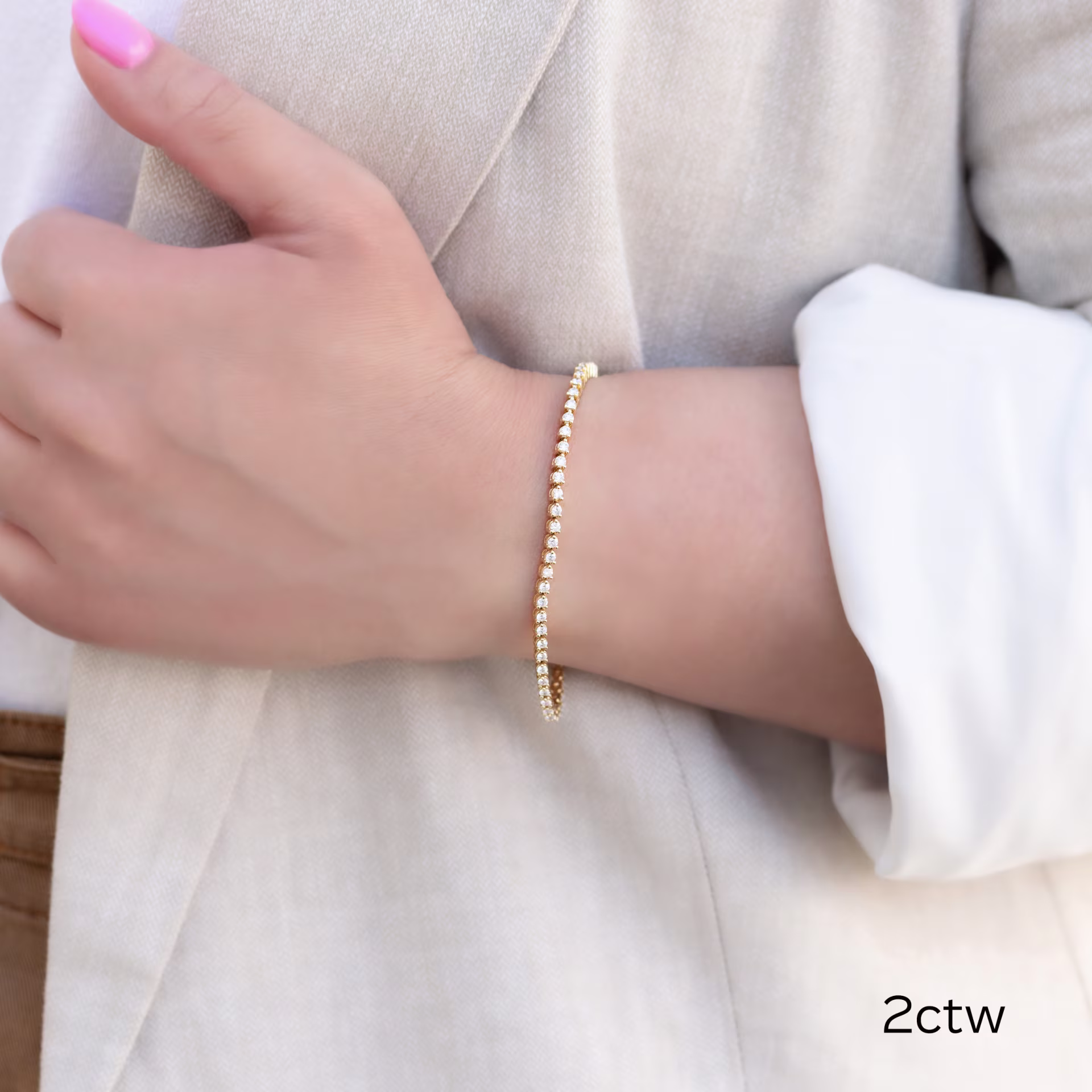 Exceptional Quality Round Man Made Diamonds set in 14 Karat Yellow Gold Lab Diamond Three Prong Tennis Bracelet (Main View)