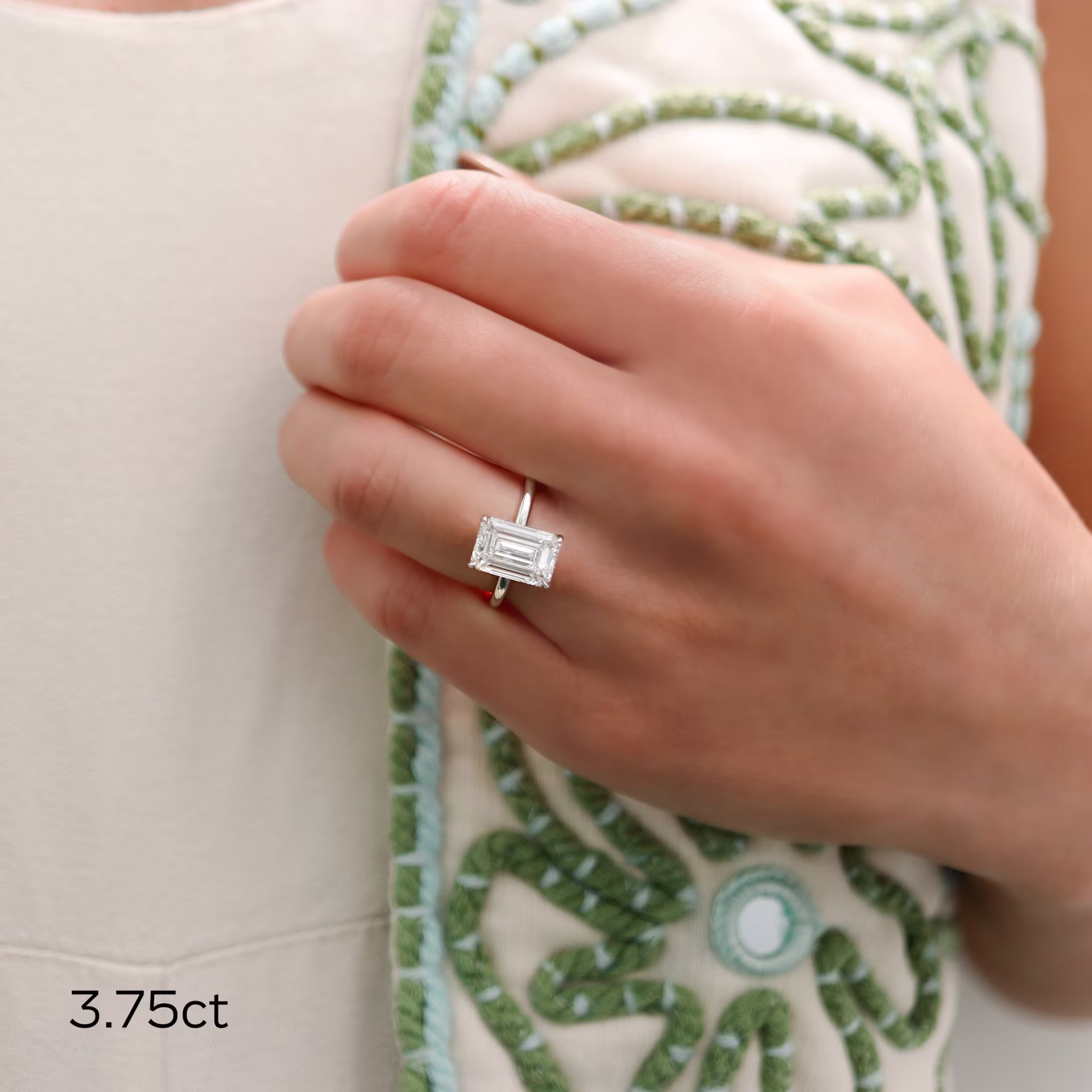 Platinum Emerald Petite Four Prong Solitaire Diamond Engagement Ring featuring 3.75 Carat Lab Grown Diamonds (Main View)