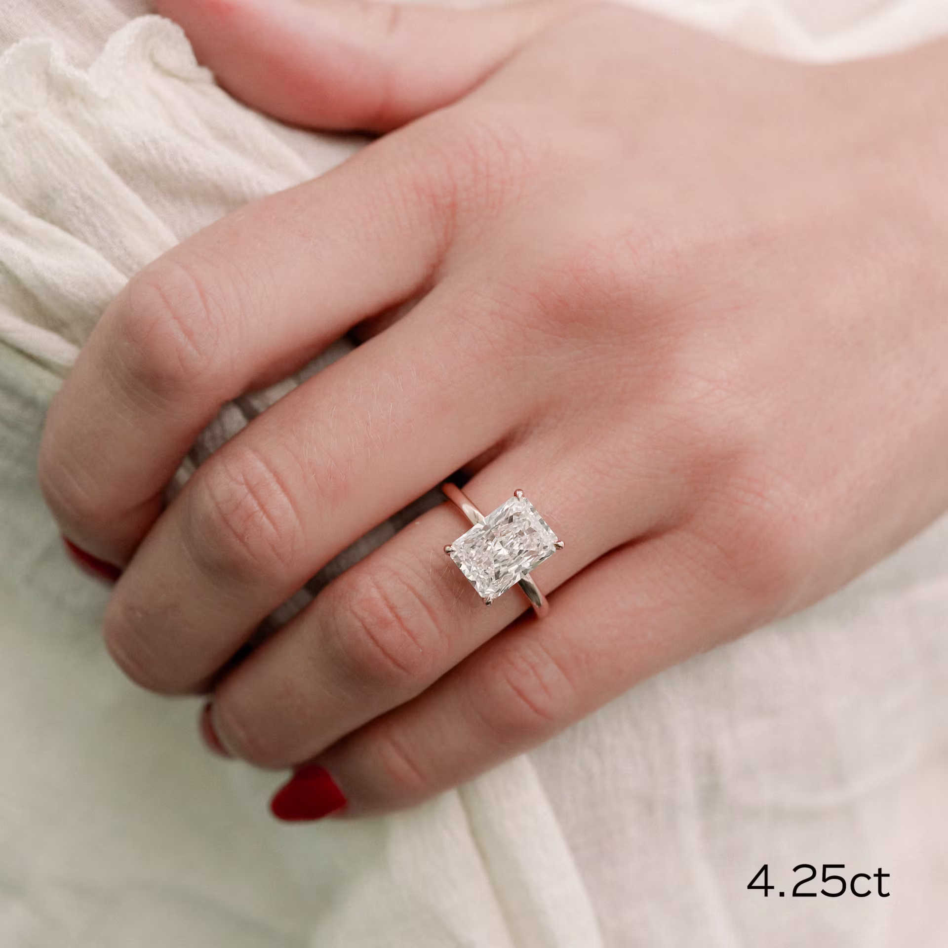 Hand Selected 4.25 Carat Lab Diamonds set in Rose Gold Radiant Petite Four Prong Solitaire Diamond Engagement Ring (Main View)