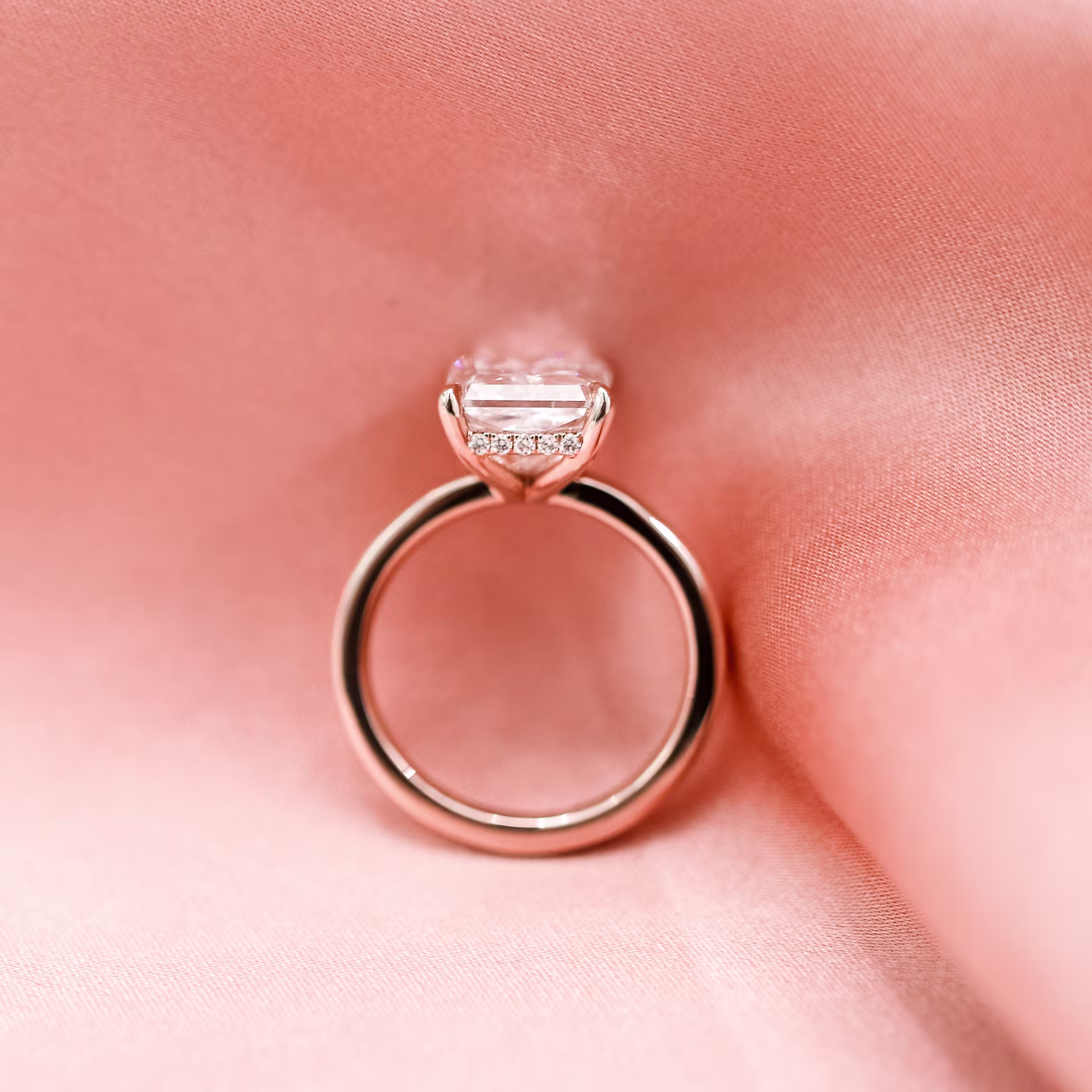Rose Gold Radiant Petite Four Prong Solitaire featuring 4.25 ctw Created Diamonds (Profile View)