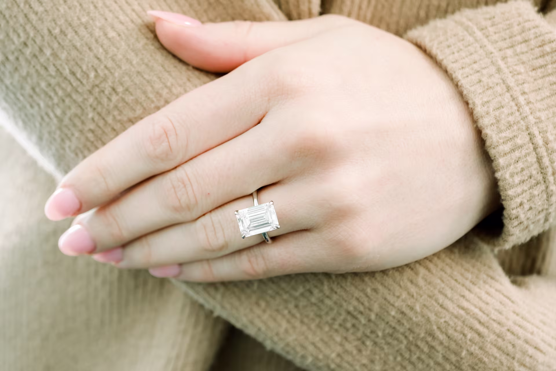 Emerald Petite Four Prong Solitaire Diamond Engagement Ring featuring Lab Diamonds (Profile View)