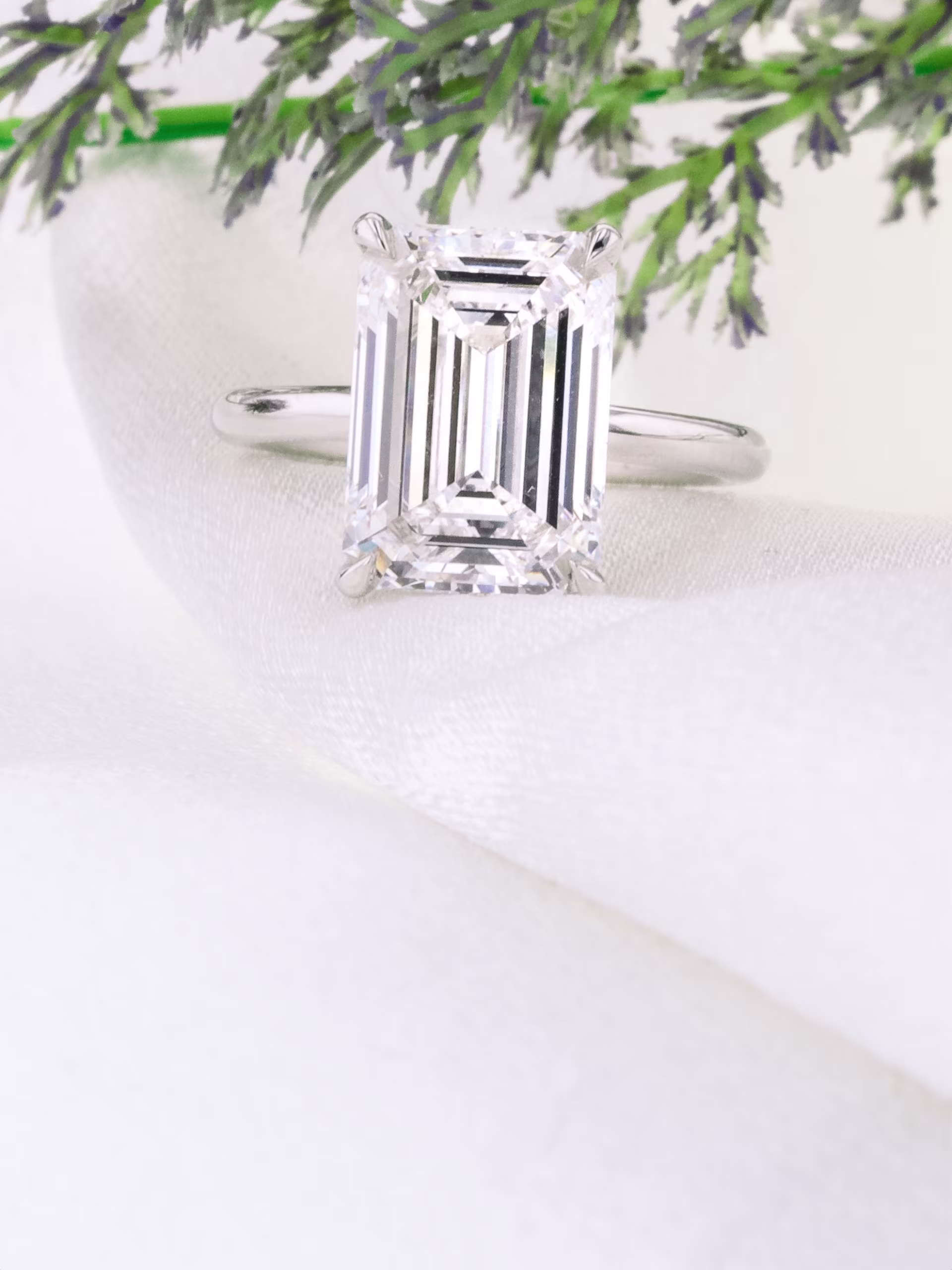 Emerald Petite Four Prong Solitaire Diamond Engagement Ring featuring Lab Diamonds (Profile View)