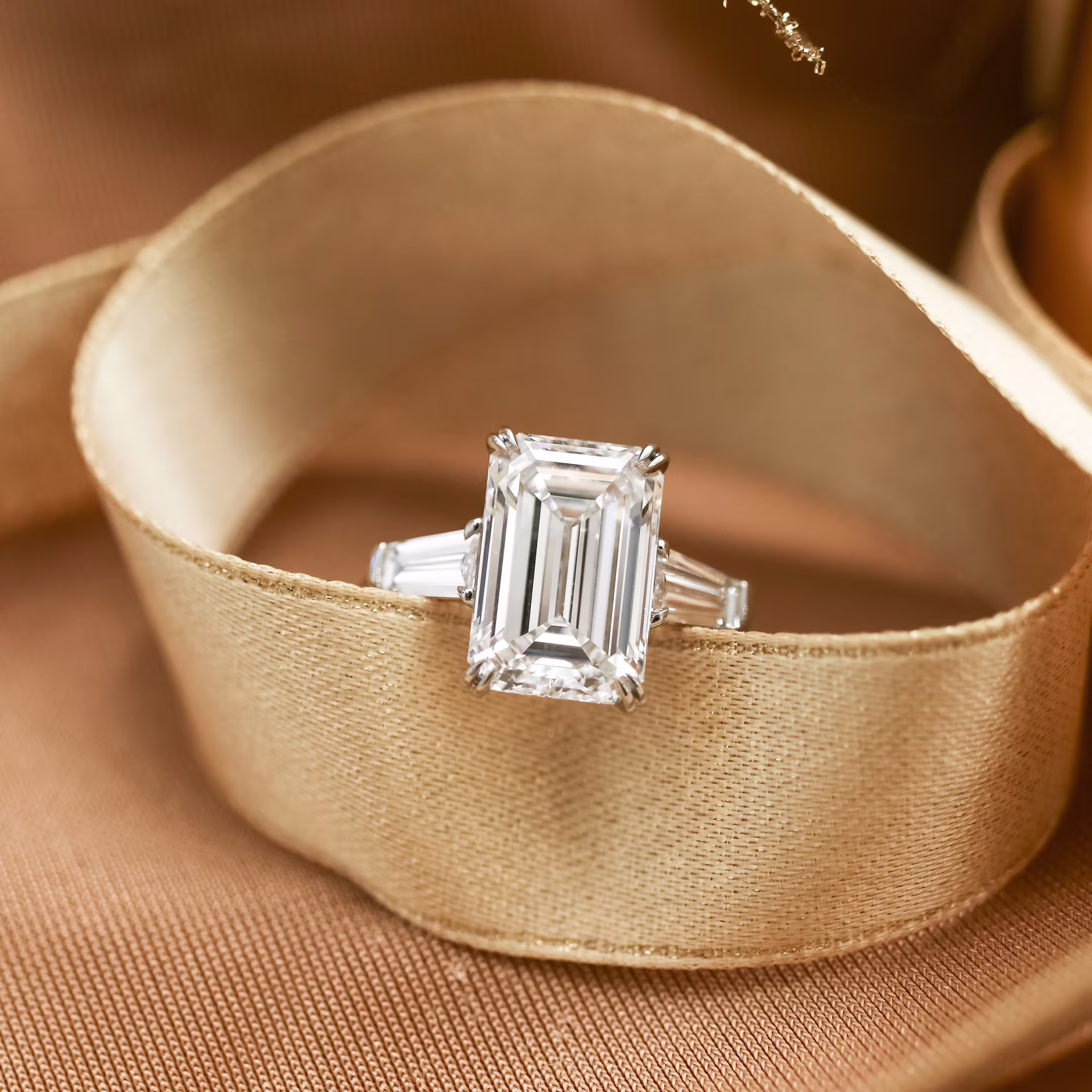 Platinum Emerald and Baguette Diamond Engagement Ring featuring 5.0 ctw Lab Grown Diamonds (Main View)