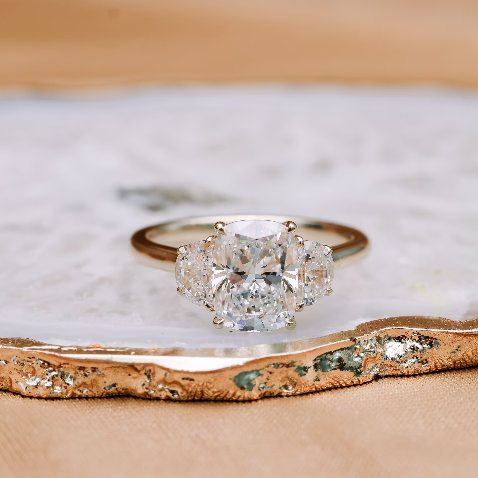 2.75 Carat Lab Created Diamonds set in Yellow Gold Cushion and Half Moon Diamond Engagement Ring (Main View)