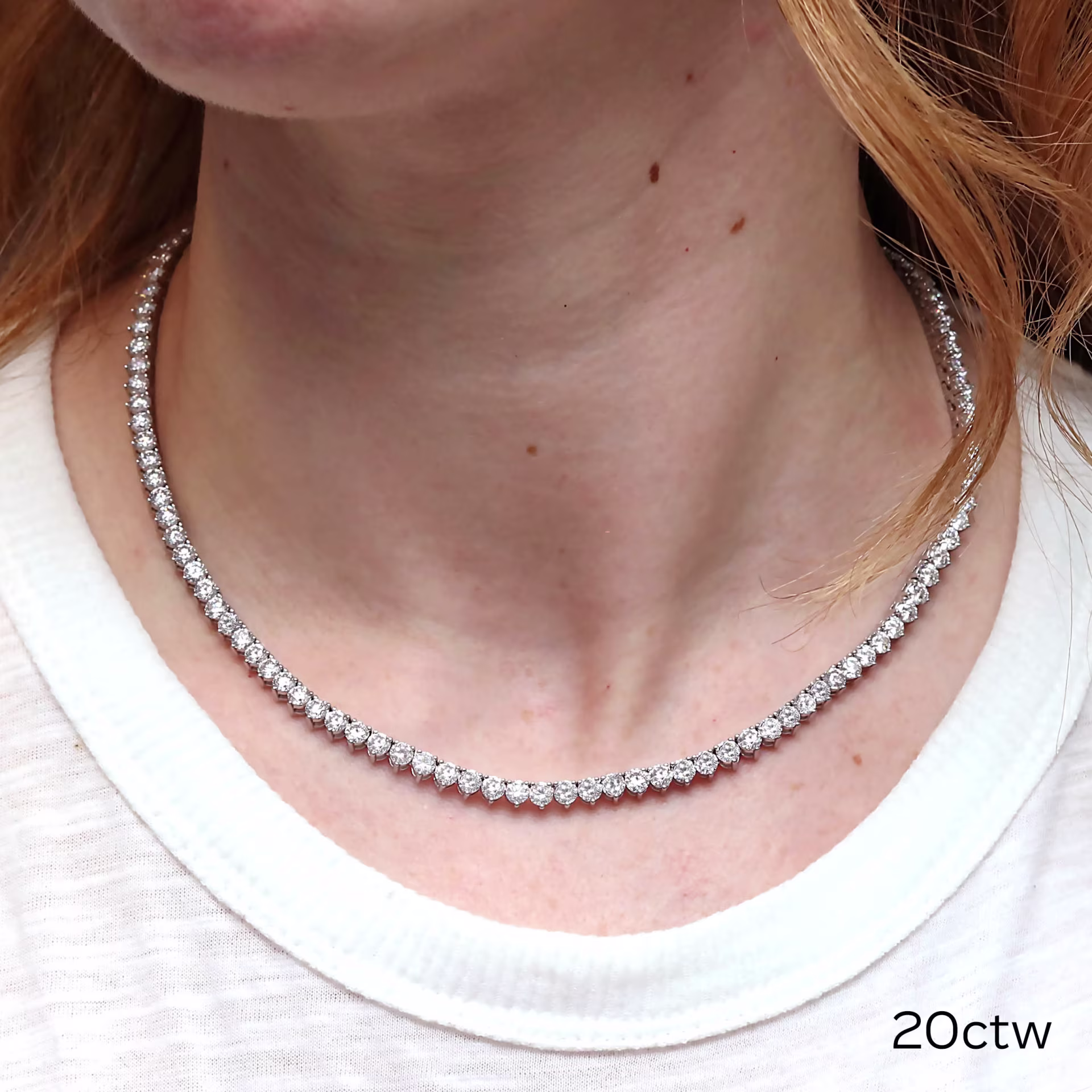 18k White Gold Tennis Necklace featuring 20.0 ctw Round Lab Created Diamonds (Main View)