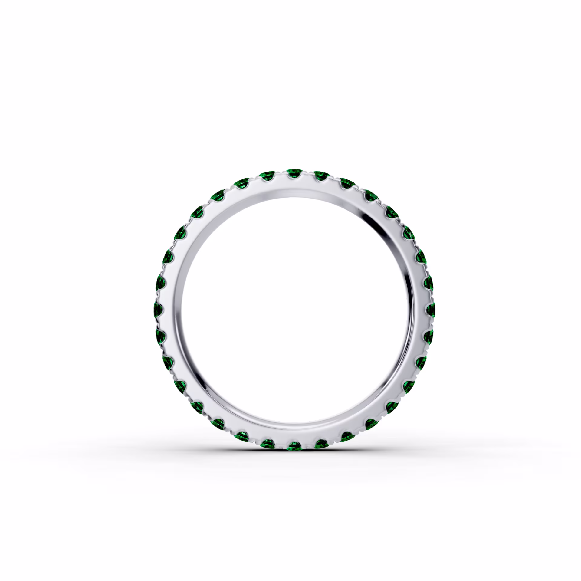 0.8 ctw Synthetic Emeralds set in 18 Karat White Gold Emerald U Pavé Eternity Band (Profile View)