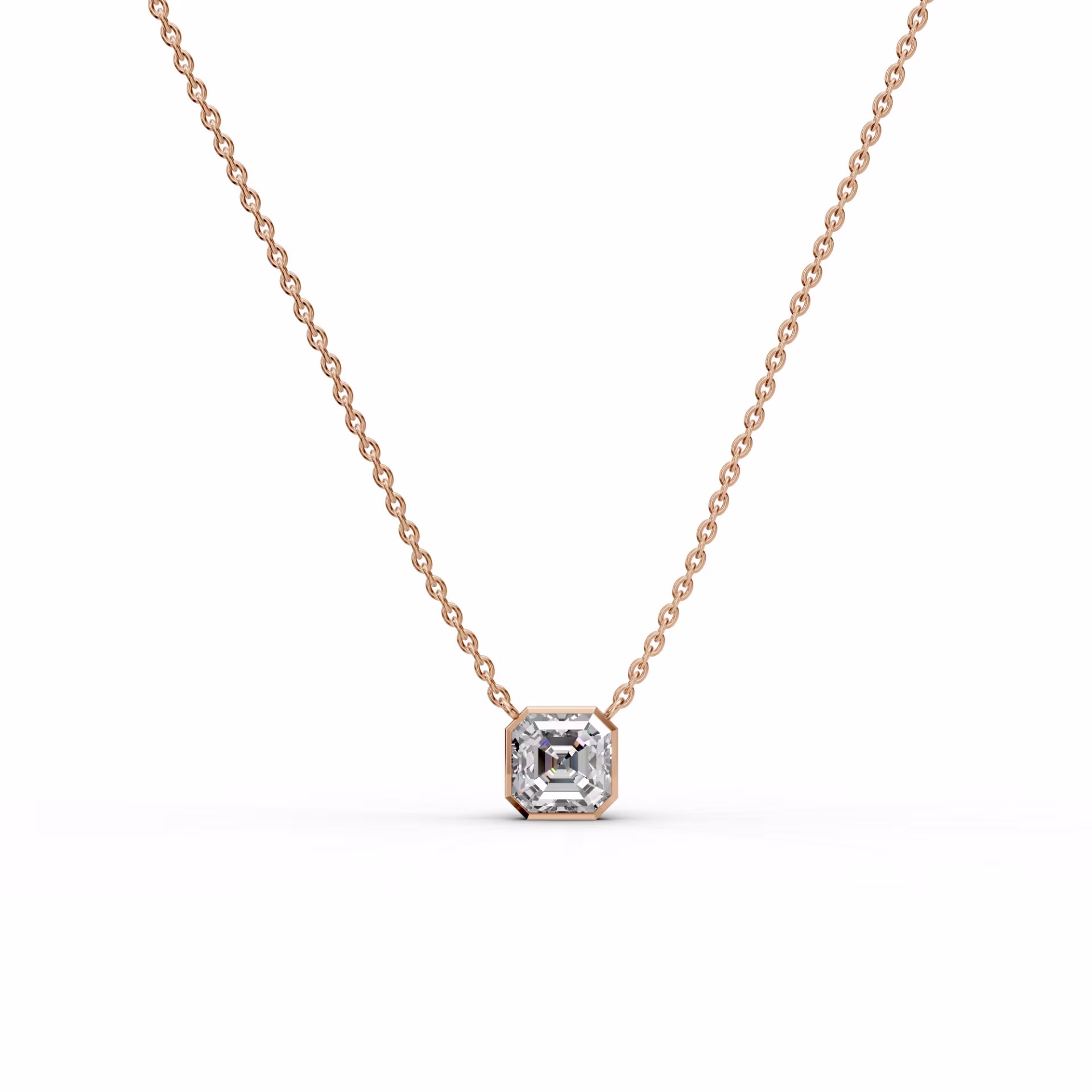 Hand Selected 1.5 ct Man Made Diamonds set in 14k Rose Gold Asscher Floating Bezel Pendant (Main View)