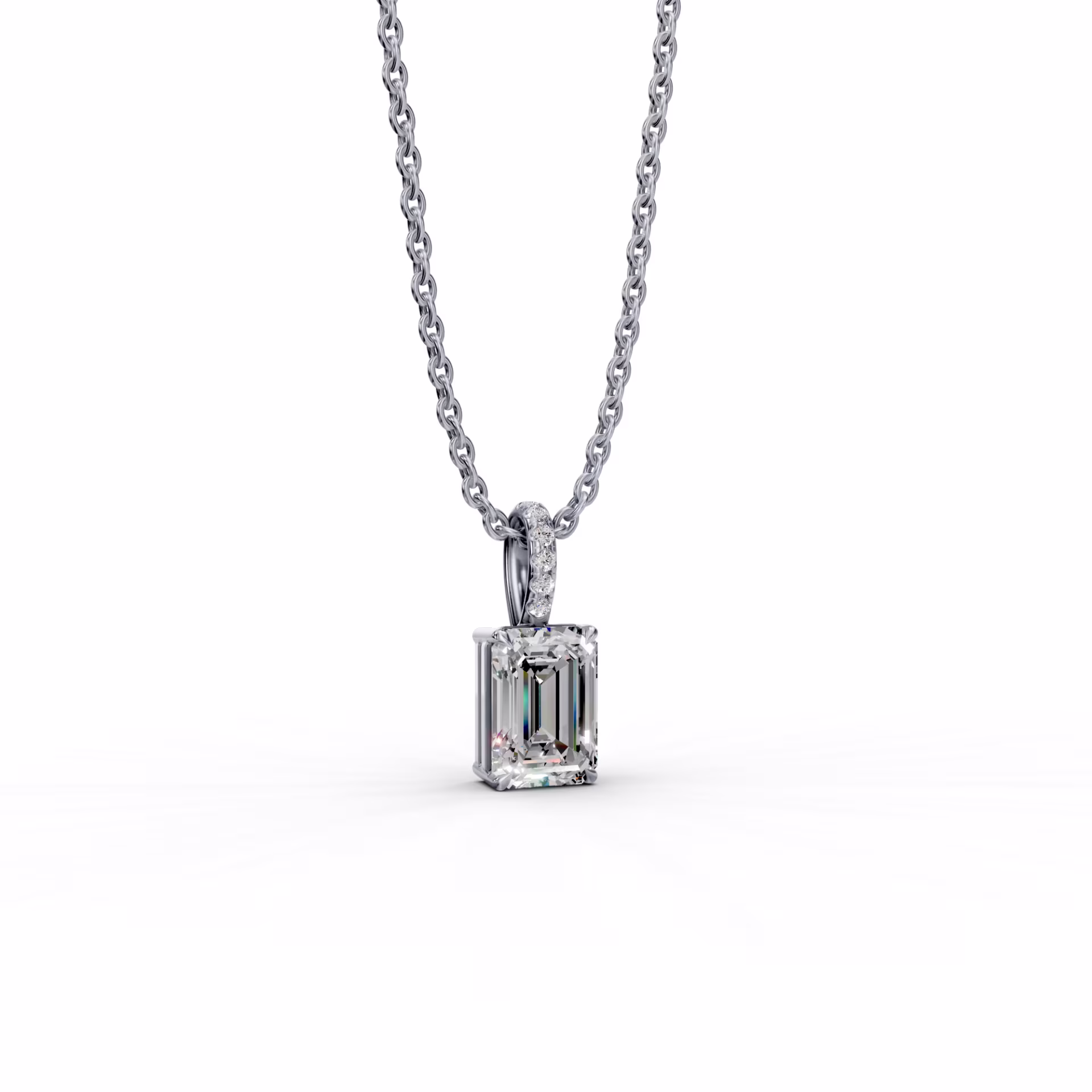 18kt White Gold Classic Emerald Pendant with Pave Bail featuring Hand Selected 1.55 Carat Diamonds (Side View)