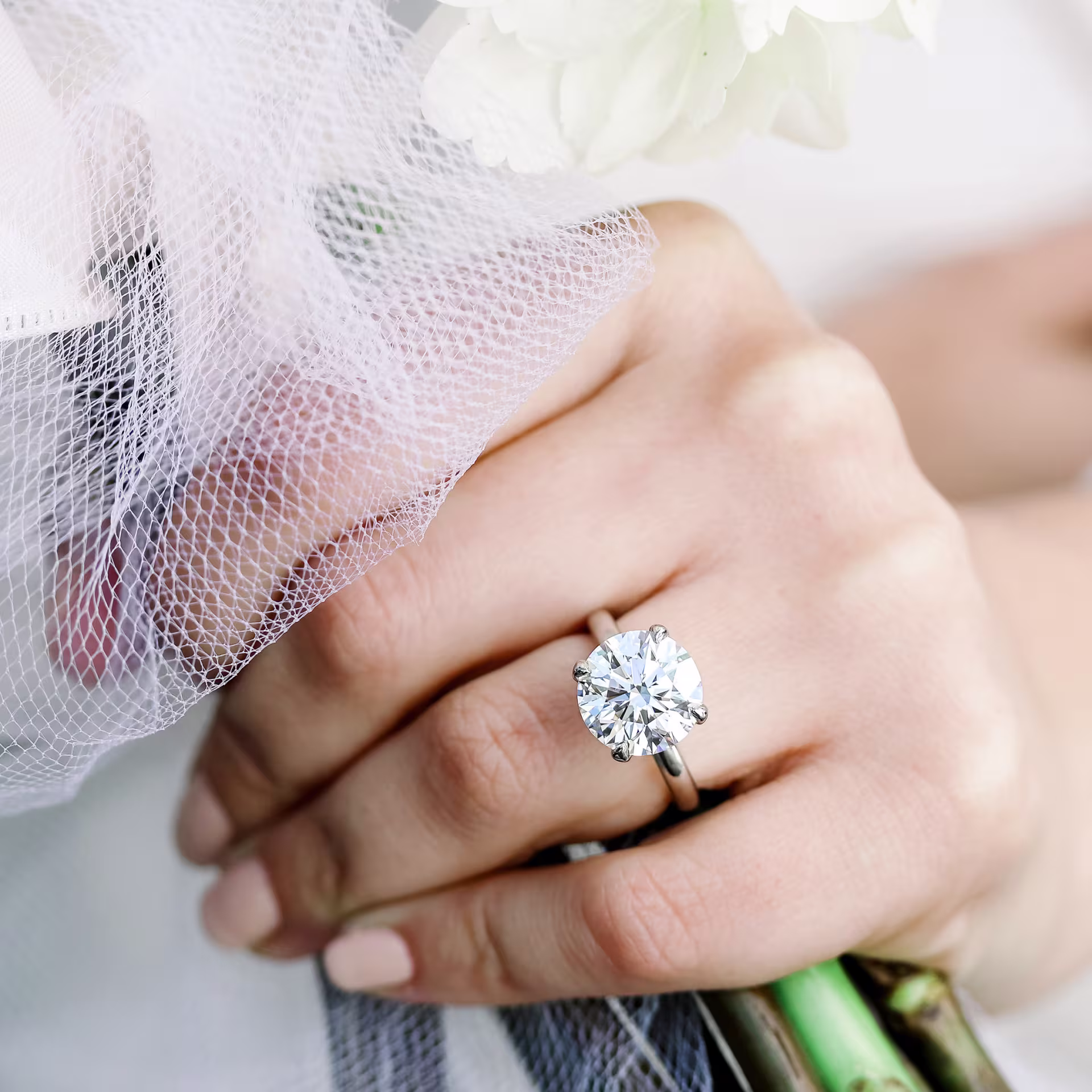 5ct round lab diamond solitaire engagement ring on model 