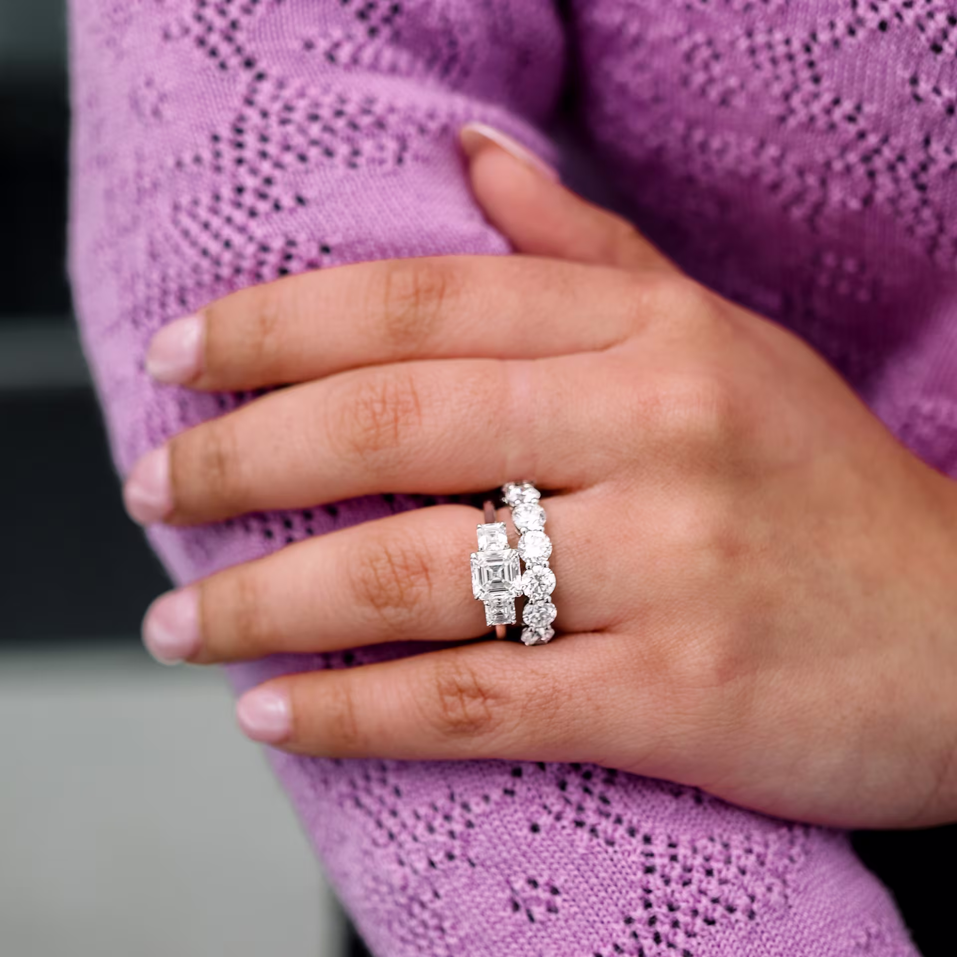 Prong set lab diamond eternity band with asscher three stone ring in platinum