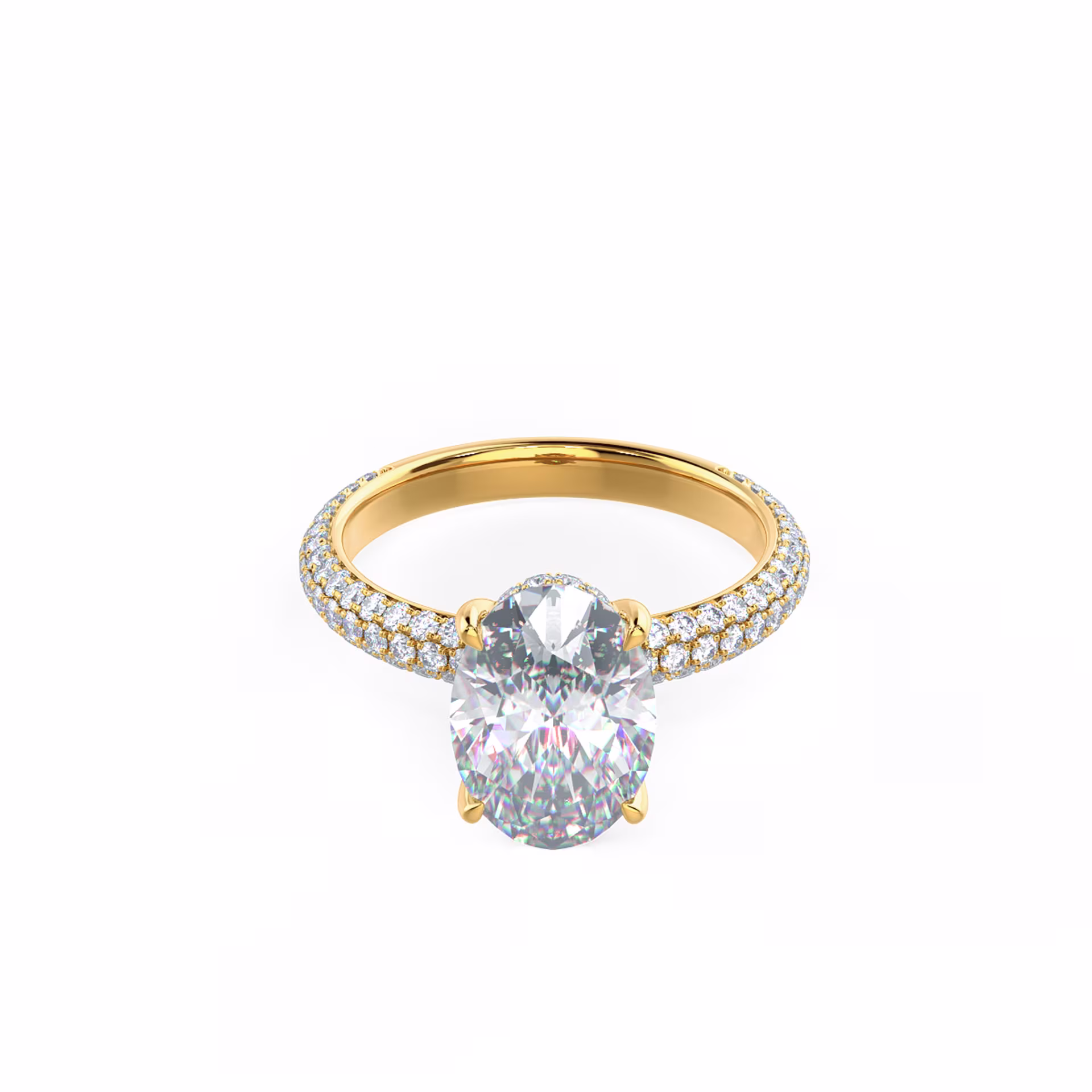 Three Sided Pave Setting Oval Lab Diamond Wedding Ring In Yellow Gold Rendering In Front View Design AD-172