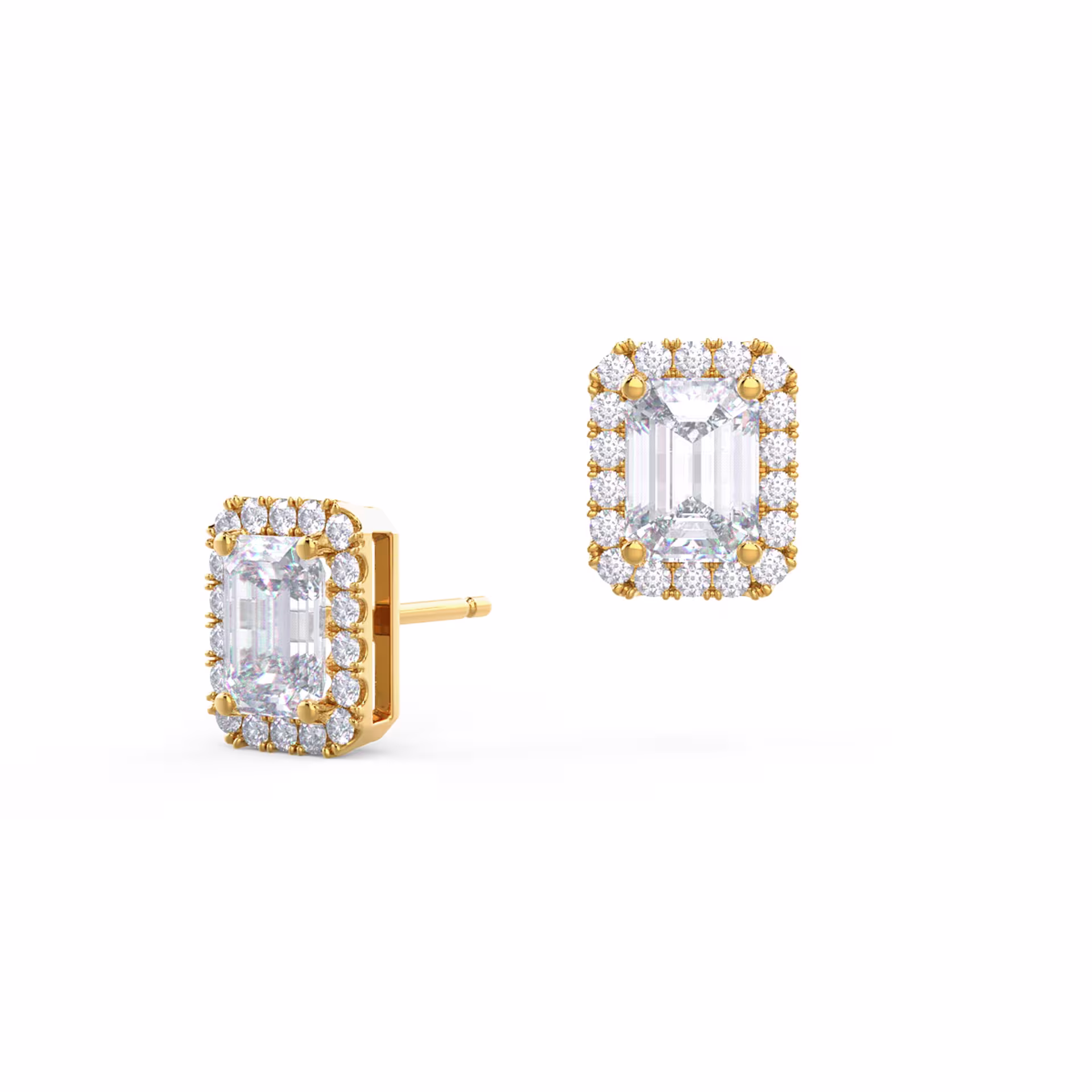 Lab Diamonds set in Yellow Gold Halo Emerald Cut Diamond Stud Earrings (Main View)