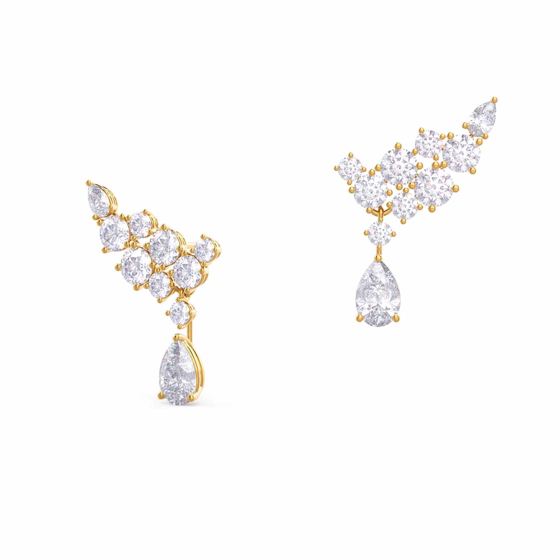 Yellow Gold Round and Pear Cluster Duet Earrings featuring Diamonds (Main View)
