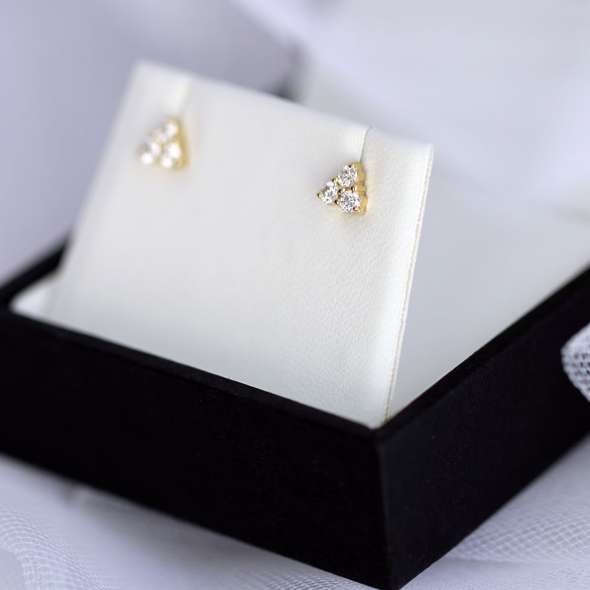 yellow gold three stone delicate lab diamond earrings