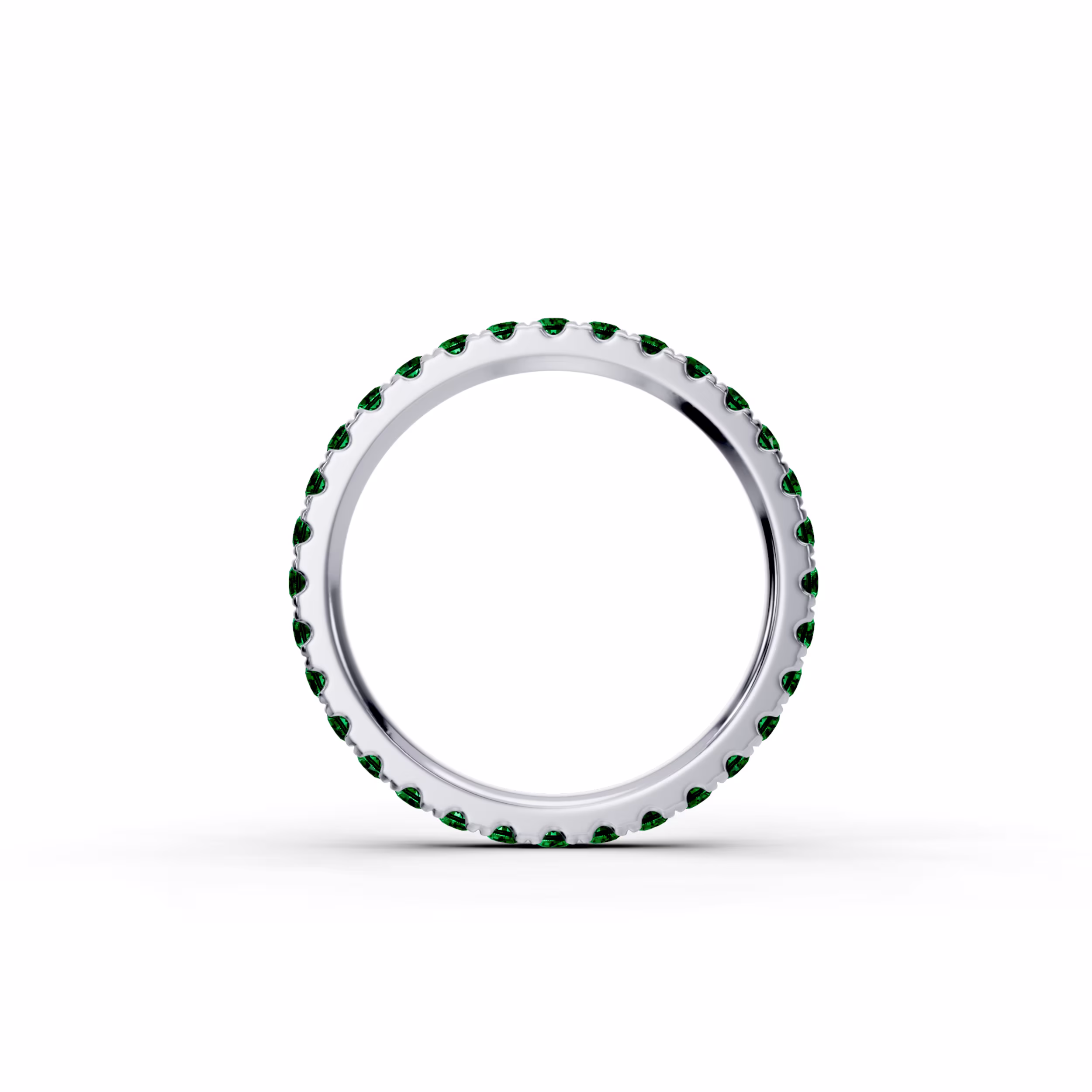 0.8 ctw Synthetic Emeralds set in 18 Karat White Gold Emerald U Pavé Eternity Band (Profile View)