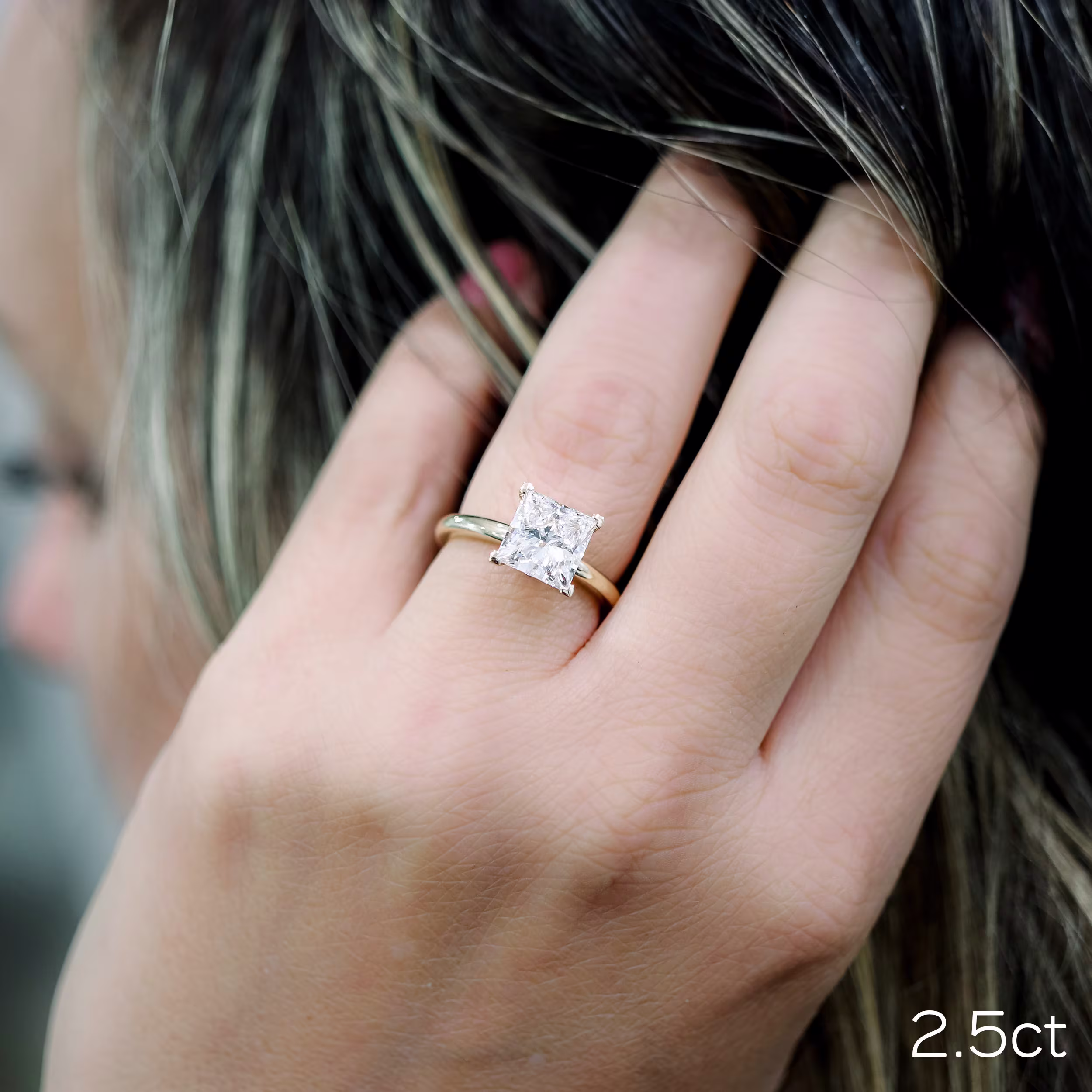 2.5ct princess cut lab diamond in yellow gold classic four prong solitaire