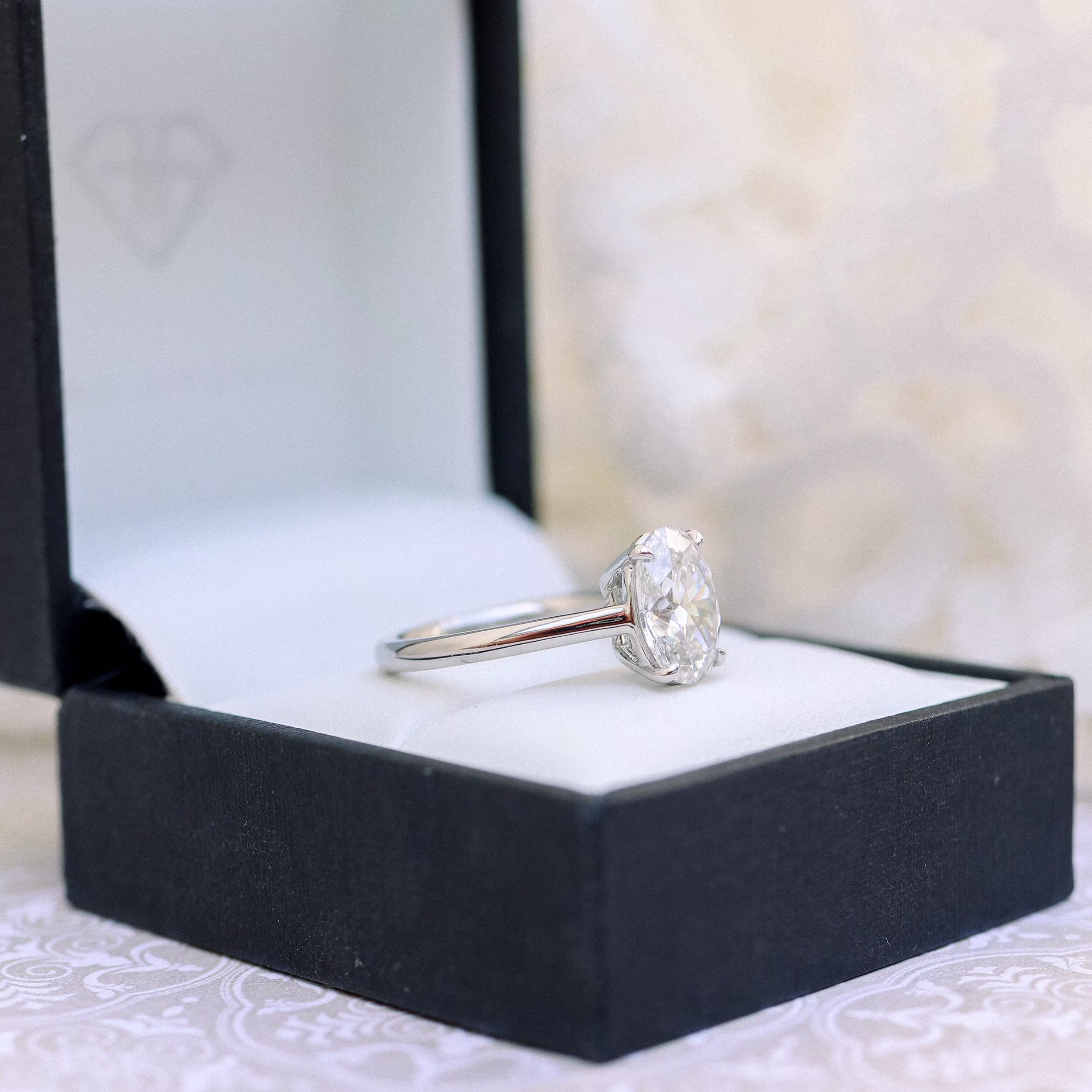 Platinum 2.5ct Oval Cut Lab Diamond Cathedral Solitaire Engagement Ring Ada Diamonds Design AD-326 Profile in Box