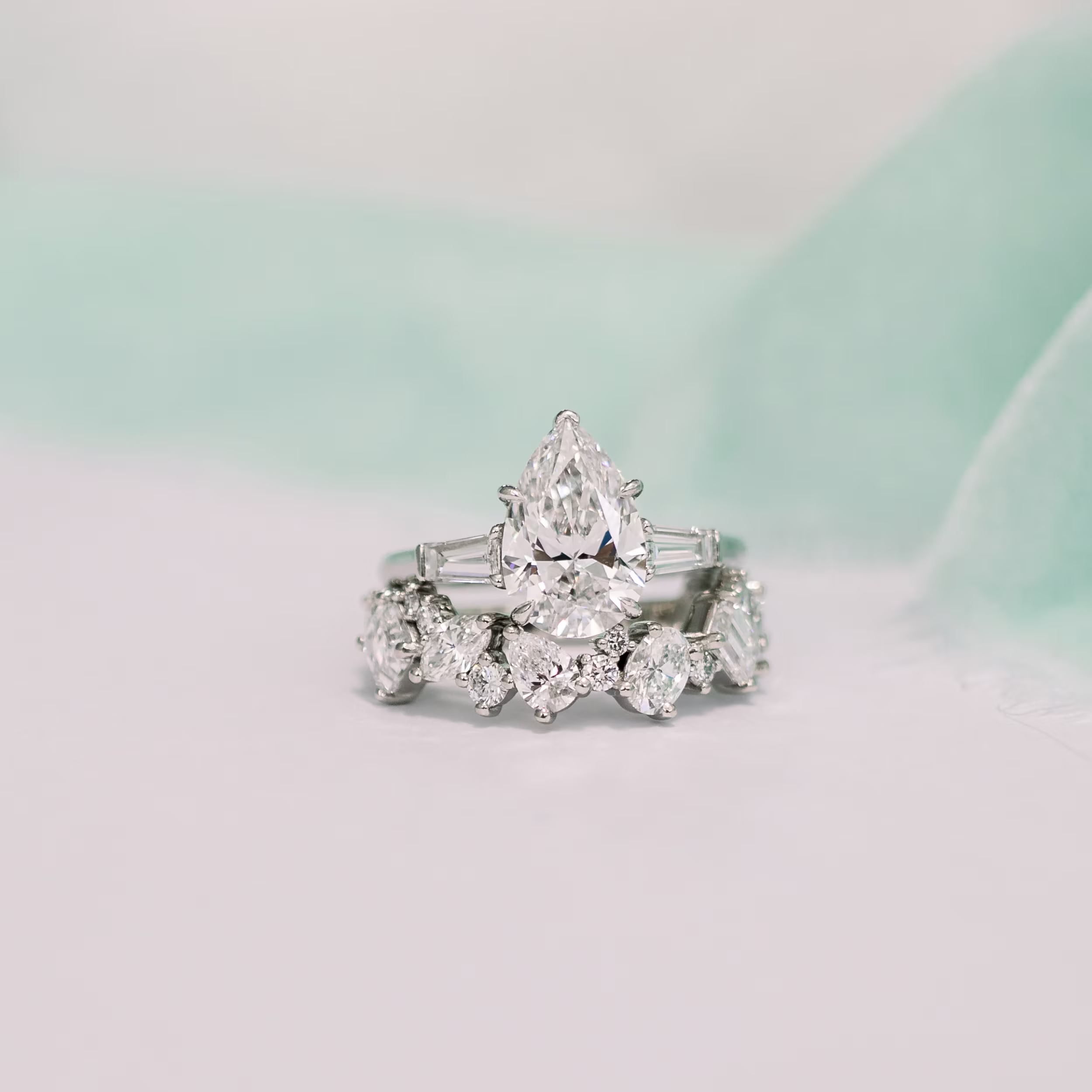 2.0 Carat Diamonds set in Platinum Pear and Baguette Diamond Engagement Ring (Main View)
