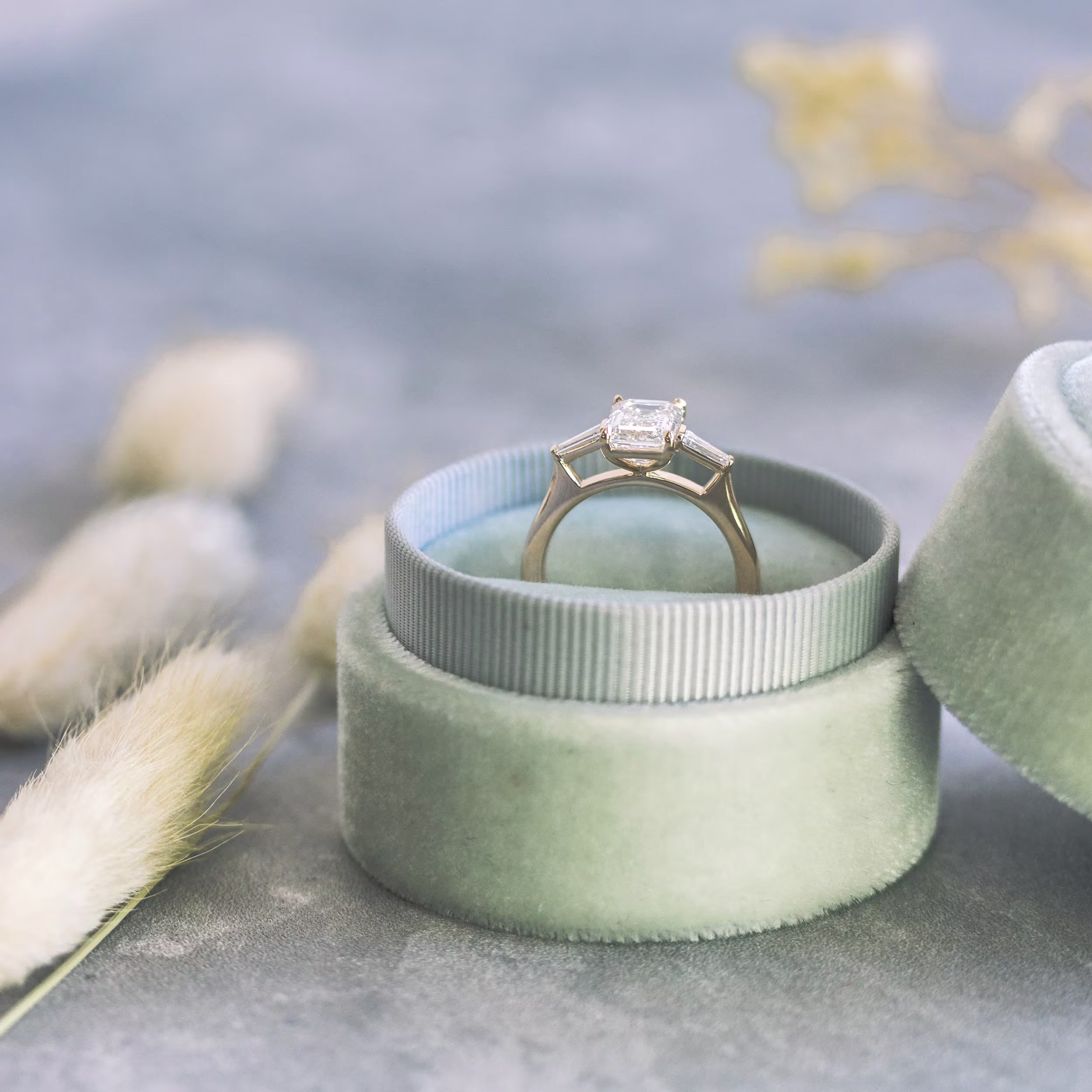 18k rose gold three stone emerald cut lab diamond engagement with tapered baguette side stones ada diamonds design ad 464 profile