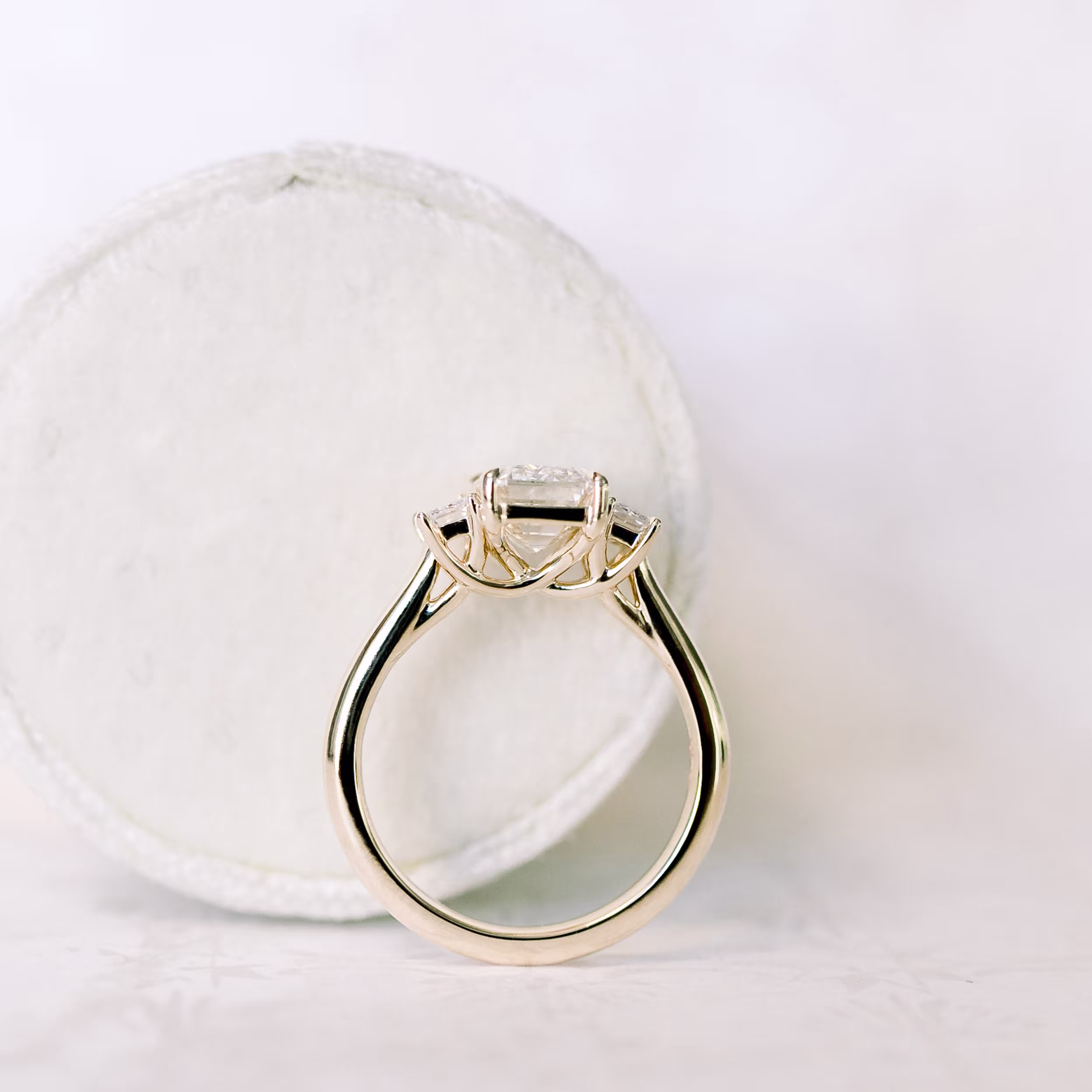 14k Yellow Gold 2.5 Carat Emerald Cut Three Stone Lab Diamond Engagement Ring Ada Diamonds Design AD-114 Profile View