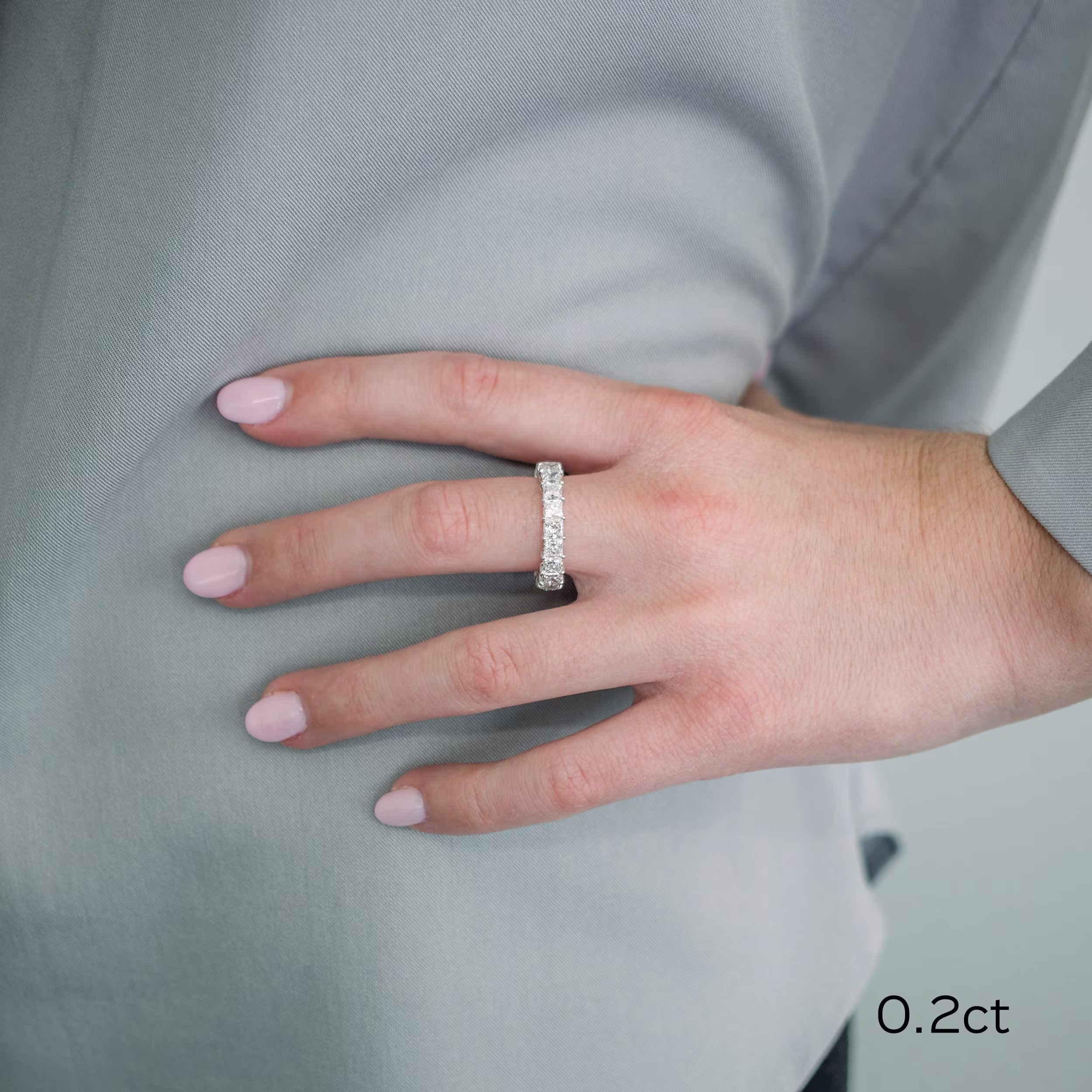 18k white gold princess cut eternity band with laboratory grown diamonds ada diamonds design ad 194 on model