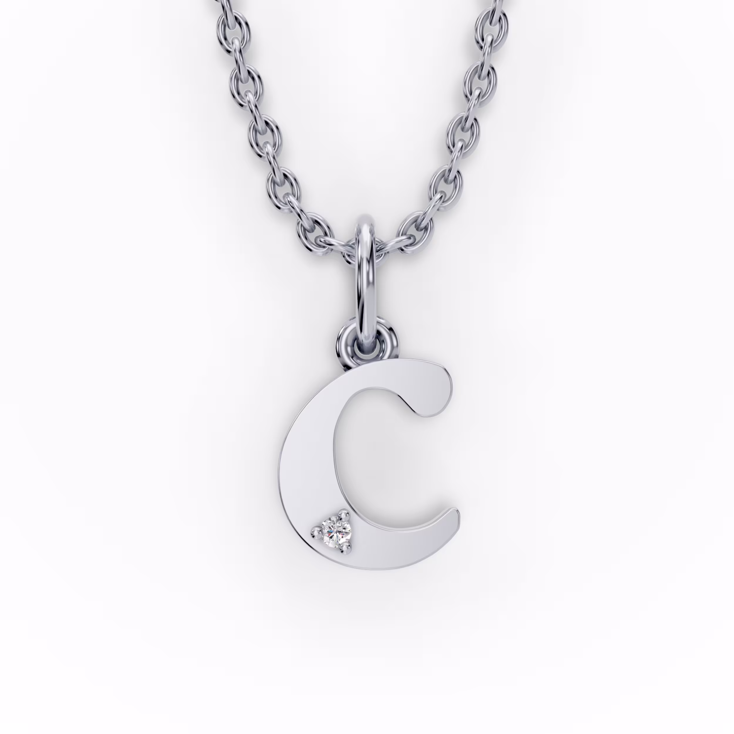 Single Stone Letter C Pendant in 14k White Gold
