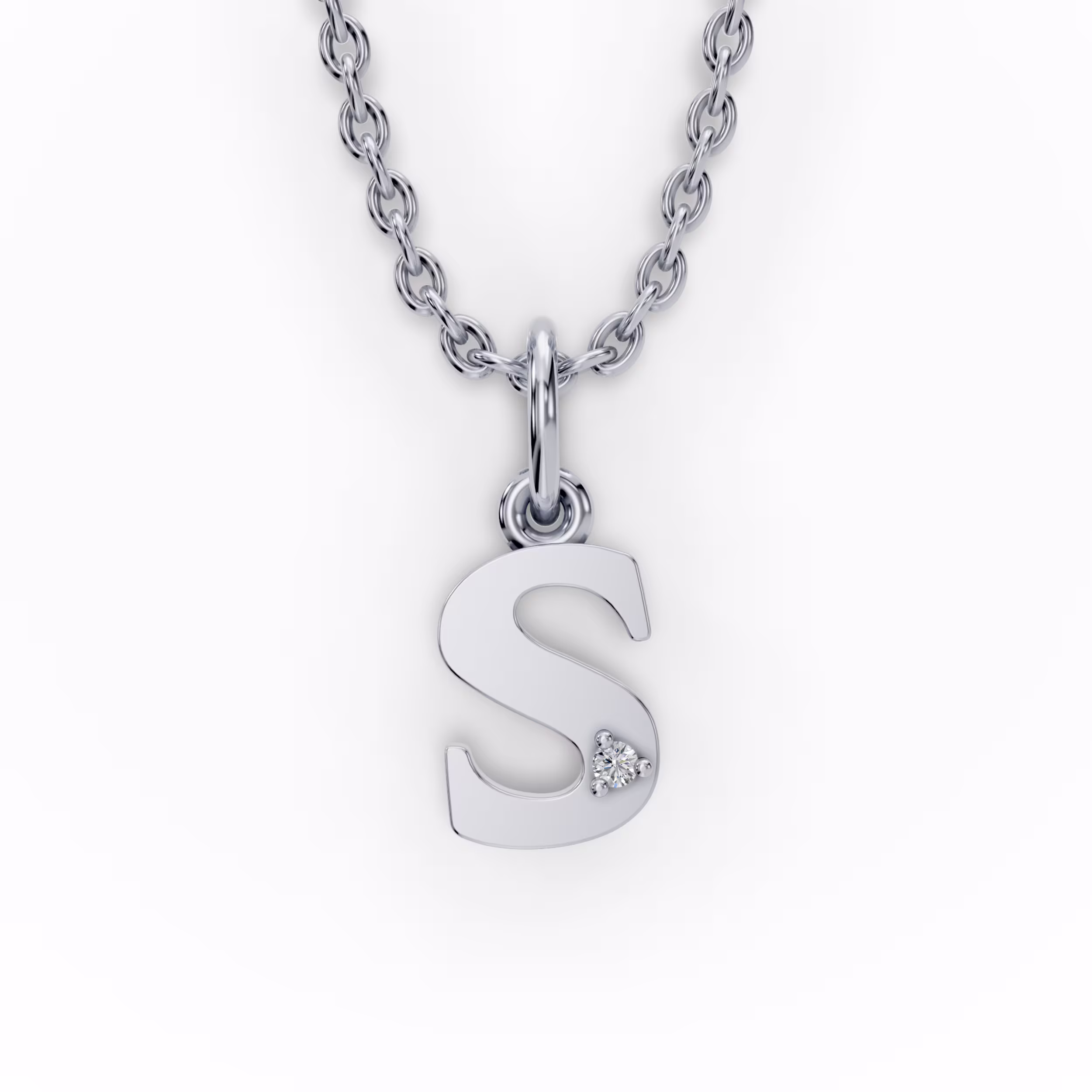 Single Stone Letter S Pendant in 14k White Gold