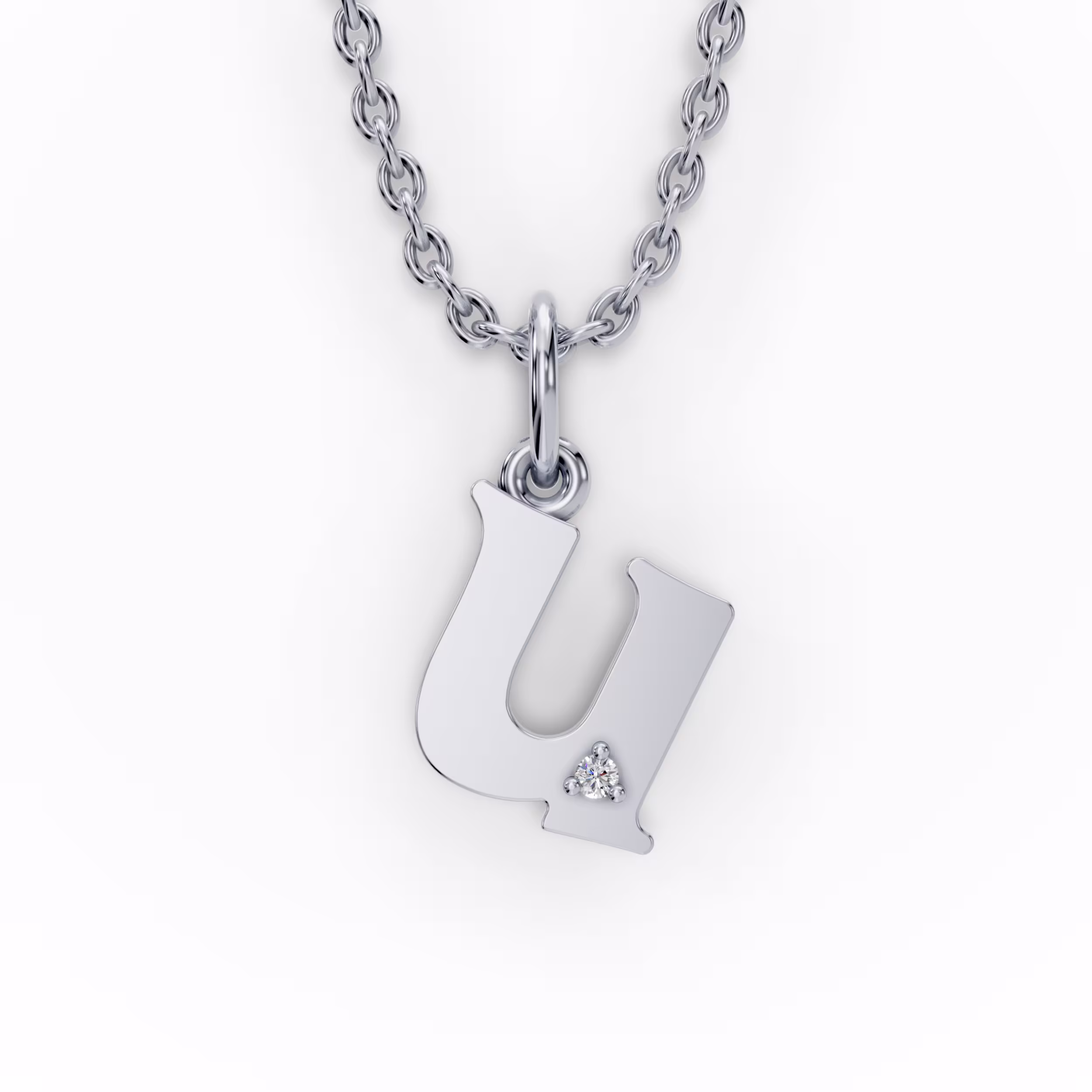 Single Stone Letter U Pendant in 14k White Gold