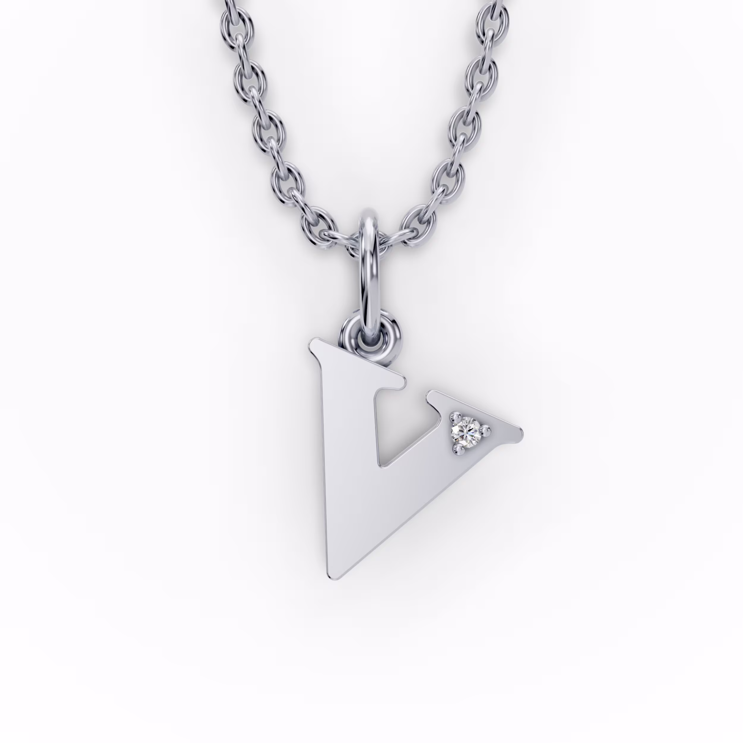 Single Stone Letter V Pendant in 14k White Gold