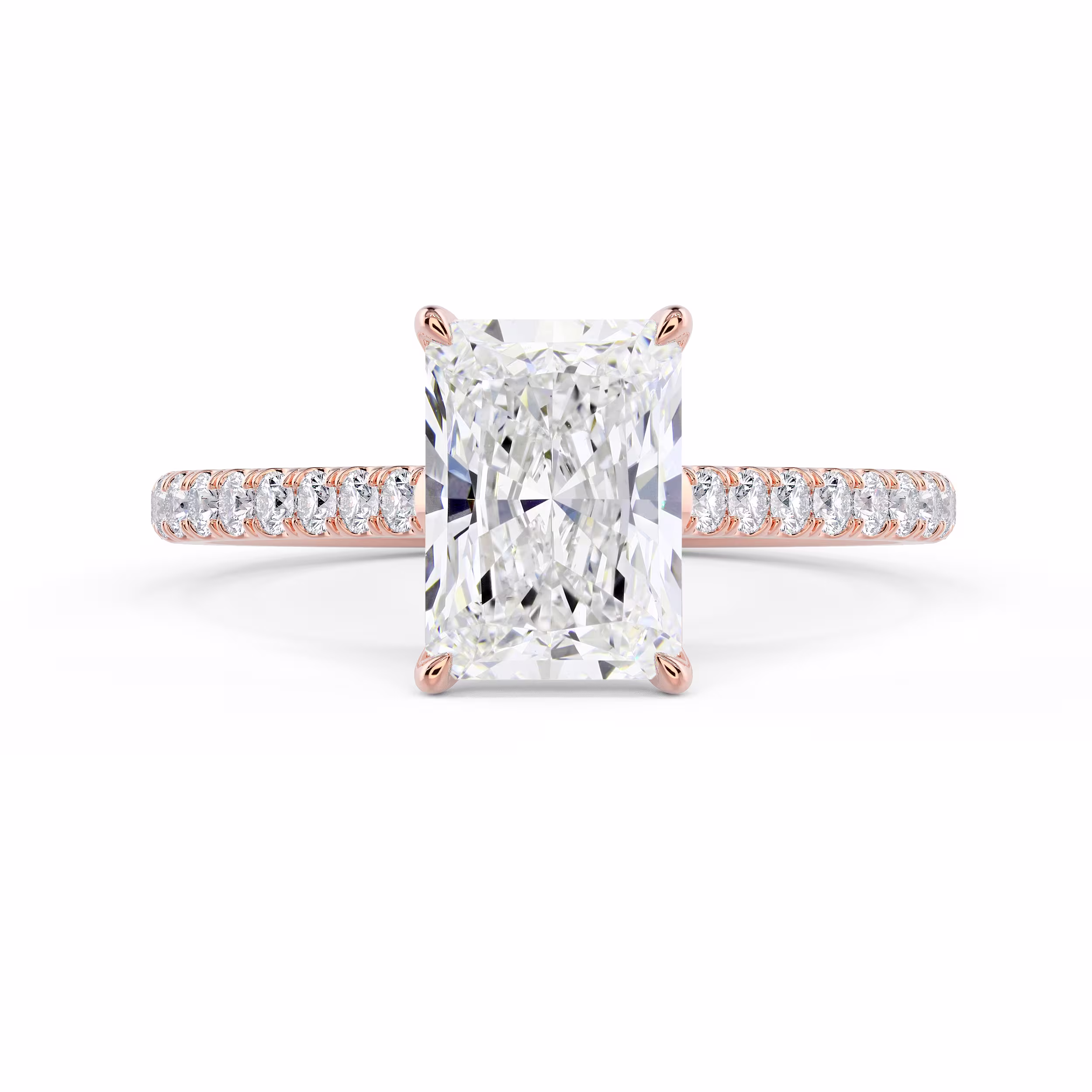 Rose Gold Radiant Cathedral Pavé Setting featuring Exceptional Quality Lab Diamonds (Main View)