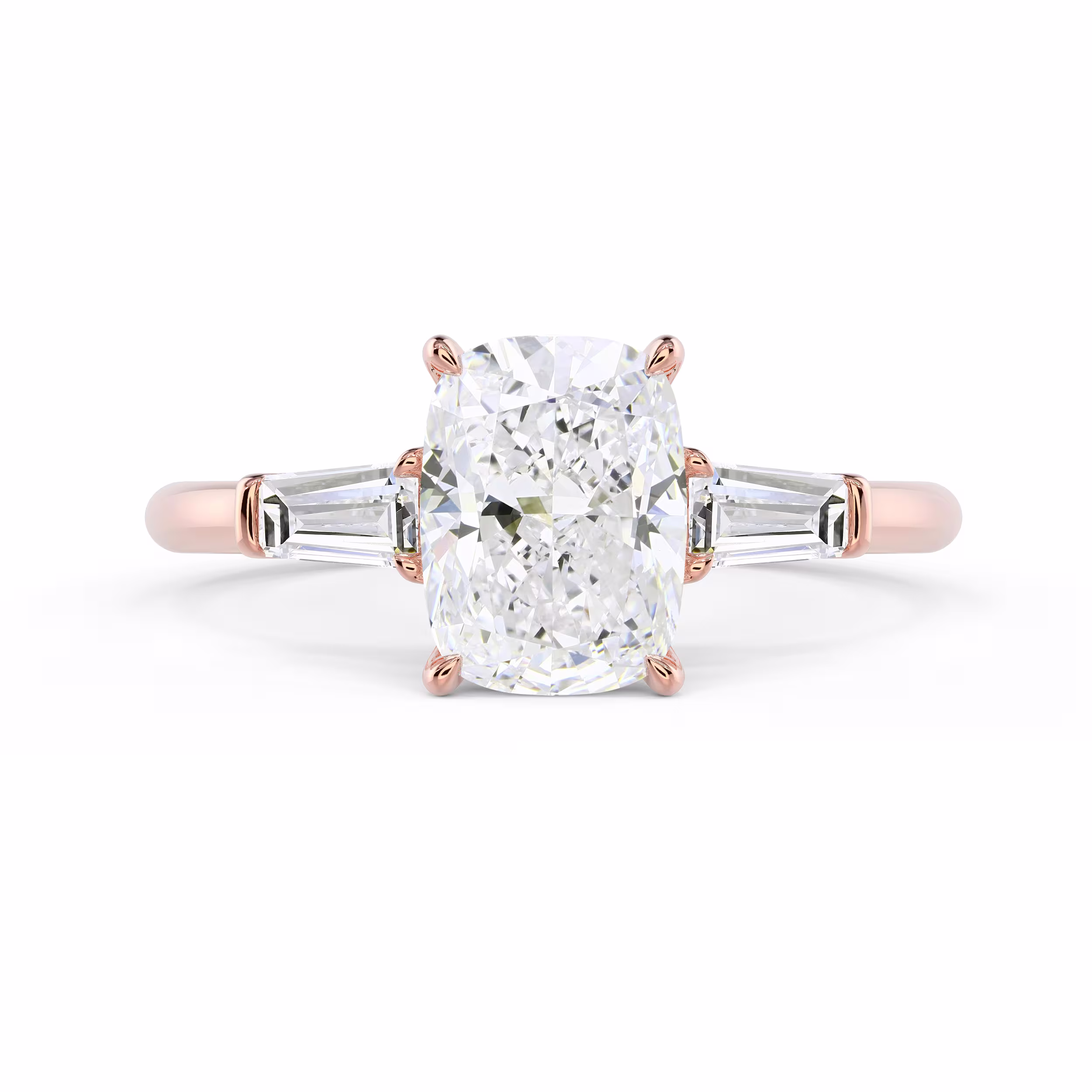 Lab Diamonds set in Rose Gold Cushion and Baguette Diamond Engagement Ring (Main View)