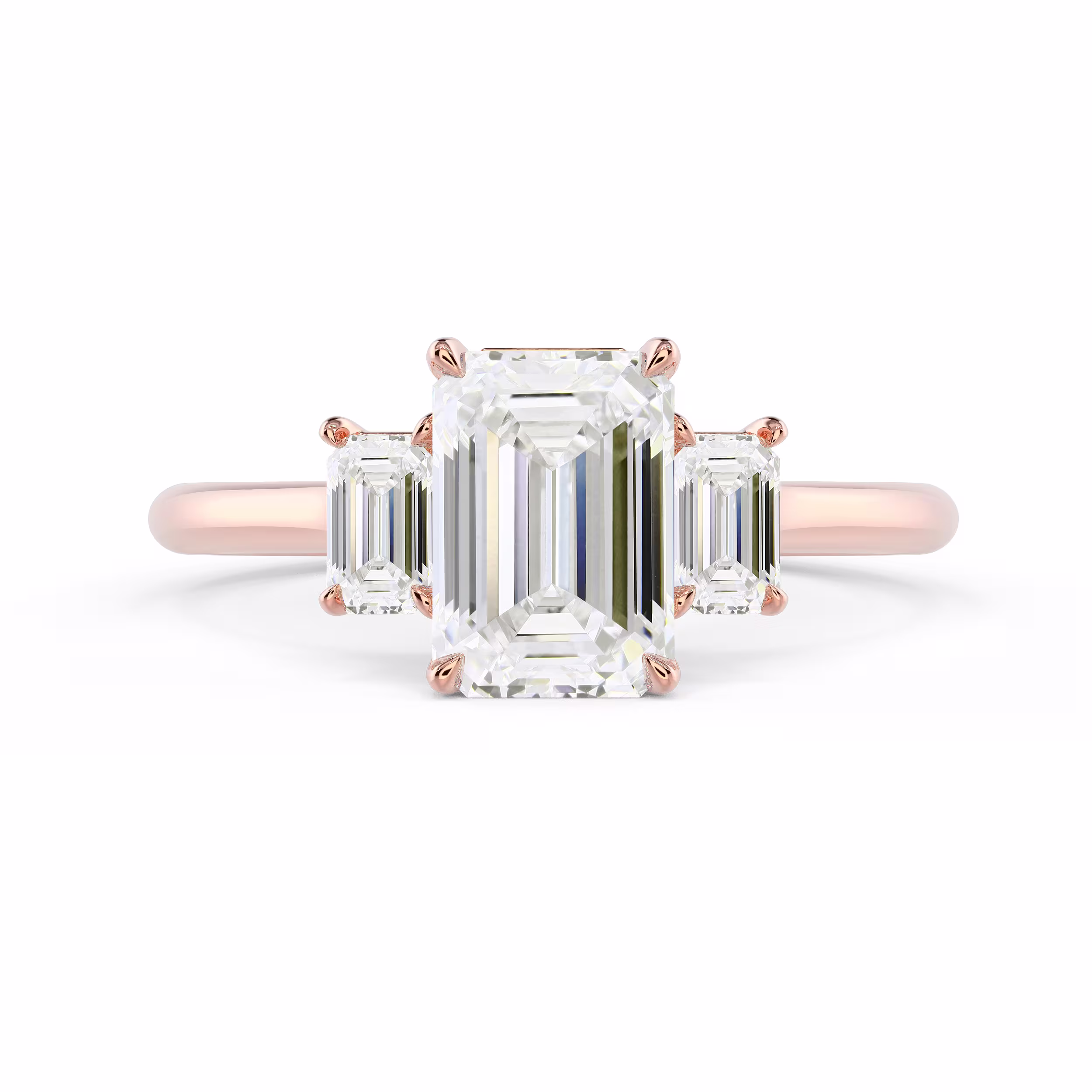 Hand Selected Diamonds set in Rose Gold Emerald Three Stone Diamond Engagement Ring (Main View)