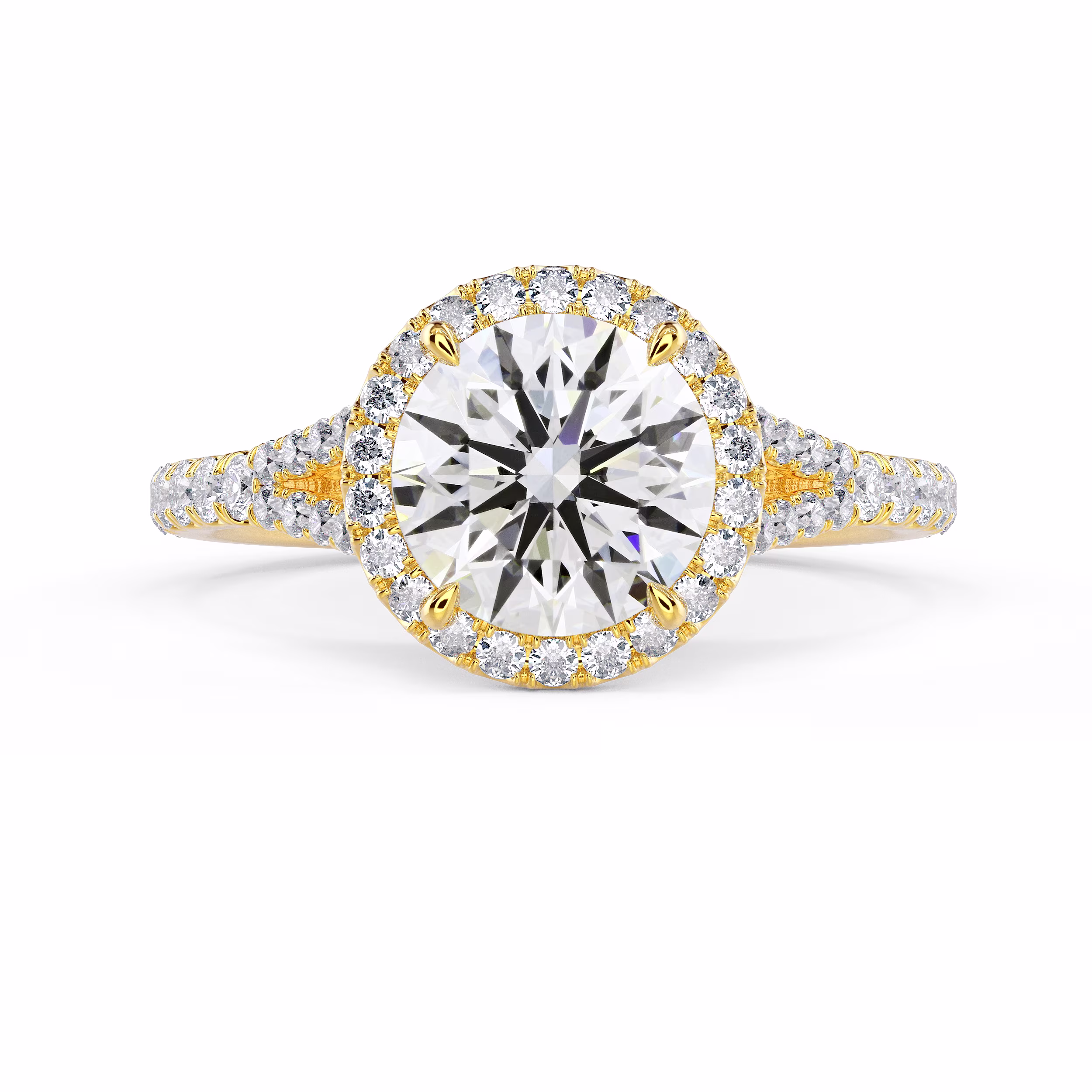 Yellow Gold Single Halo Split Shank Setting featuring High Quality Lab Diamonds (Main View)
