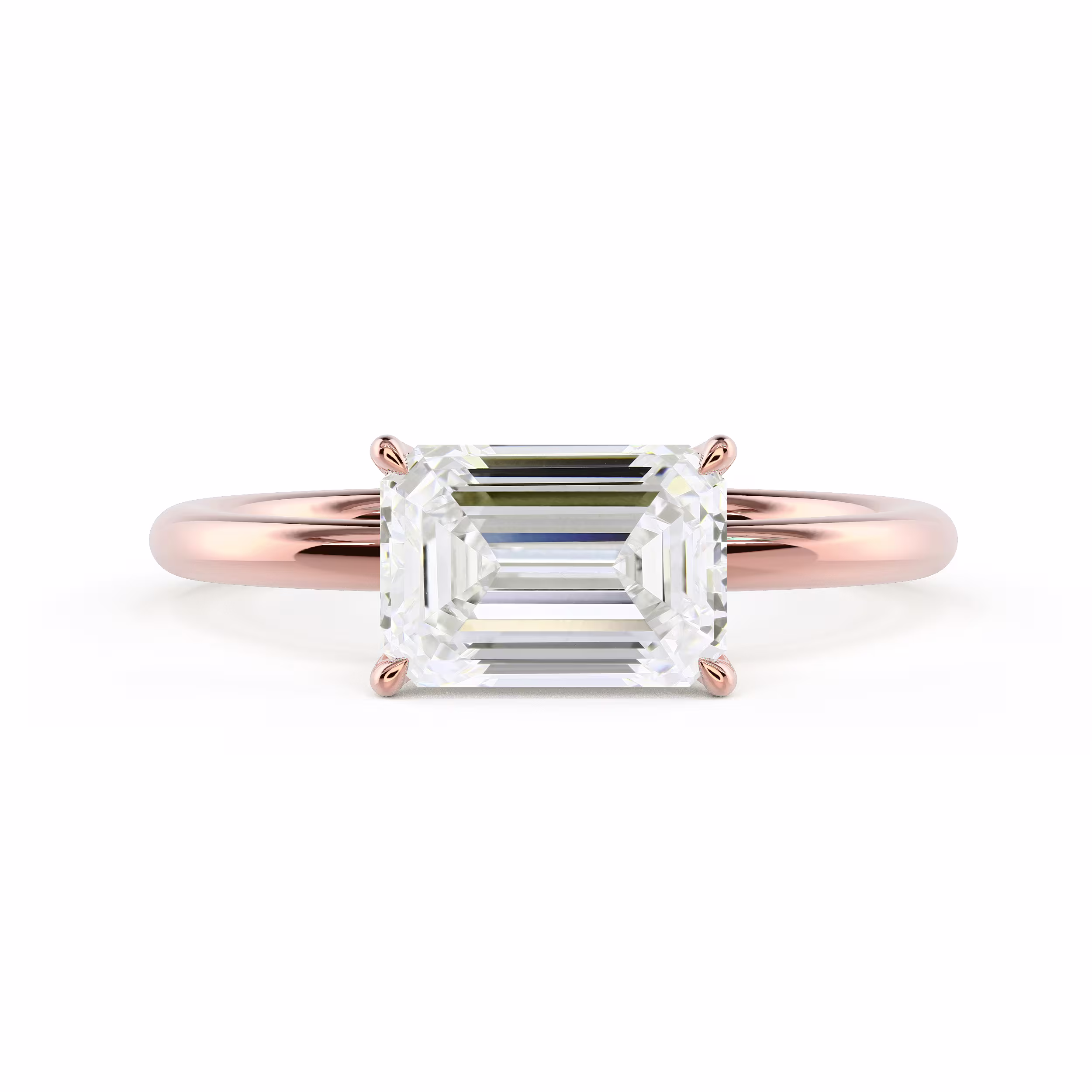 Exceptional Quality Lab Diamonds Emerald East-West Solitaire Diamond Engagement Ring in Rose Gold (Main View)