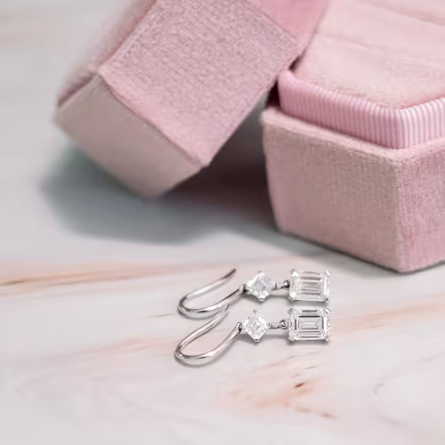 Emerald and Asscher Duet Drop Earrings in 18k White Gold 2.5ctw