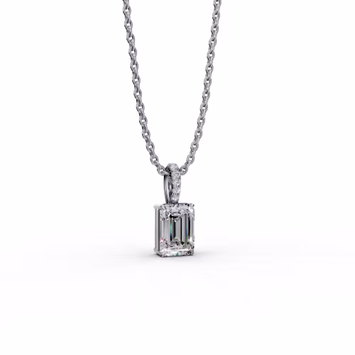 18kt White Gold Classic Emerald Pendant with Pave Bail featuring Hand Selected 1.55 Carat Diamonds (Side View)
