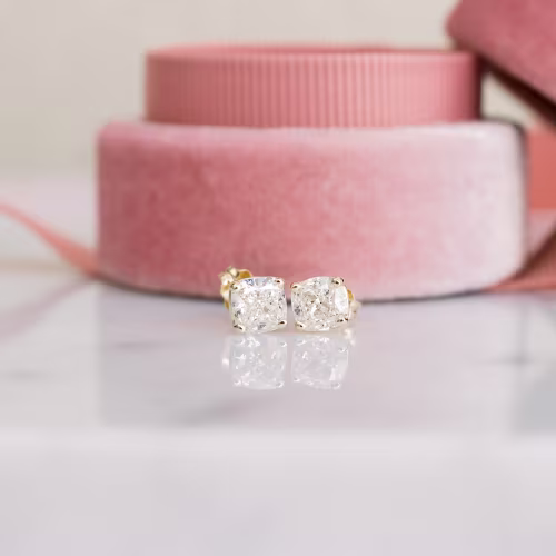 yellow gold 1.5ct cushion cut stud earrings with lab diamonds