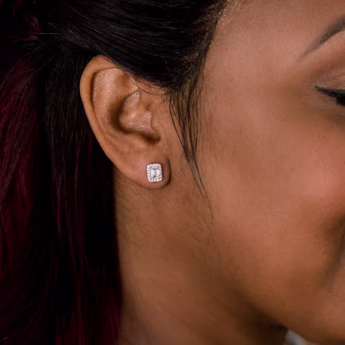 14k White Gold 1.5ct Emerald Cut Halo Stud Earrings Made with Lab Diamonds Ada Diamonds Design AD-196 on Model