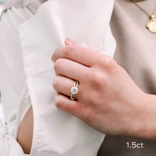 14k yellow gold 1.5 ct round lab diamond twisting band engagement ring ada diamonds design ad 154 on model