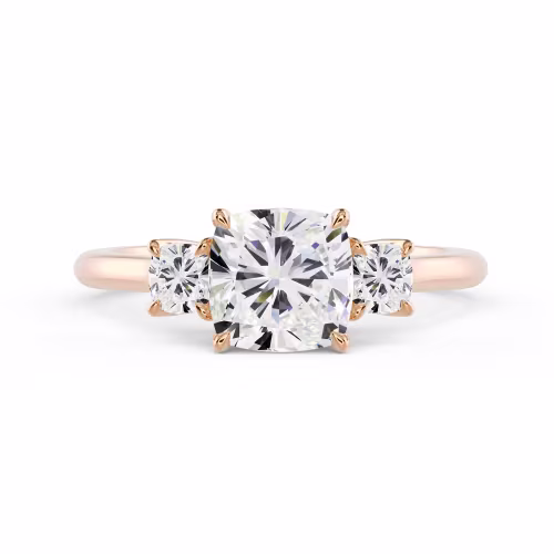 Rose Gold Cushion Three Stone Diamond Engagement Ring featuring High Quality 2.0 Carat Diamonds (Main View)