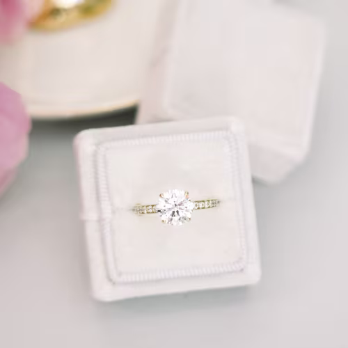 2.0 Carat Synthetic Diamonds set in 18kt Yellow Gold Channel Diamond Engagement Ring (Profile View)