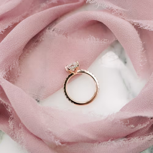 14k rose gold 2.25ct radiant cut engagement ring with diamond band and hidden halo featuring lab grown diamonds ada diamonds design ad 229 profile view