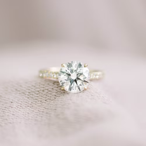 18k Yellow Gold 2.25ct Round Cathedral Pavé Engagement Ring Made with Lab Diamonds Ada Diamonds Design AD-133 Macro