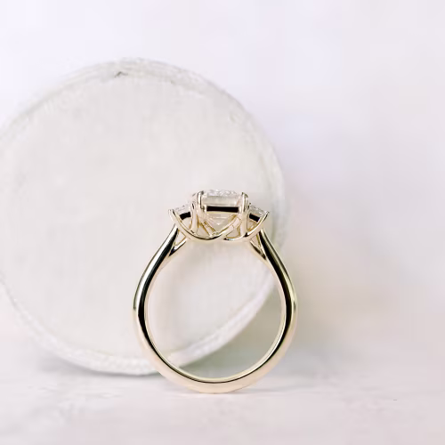 14k Yellow Gold 2.5 Carat Emerald Cut Three Stone Lab Diamond Engagement Ring Ada Diamonds Design AD-114 Profile View