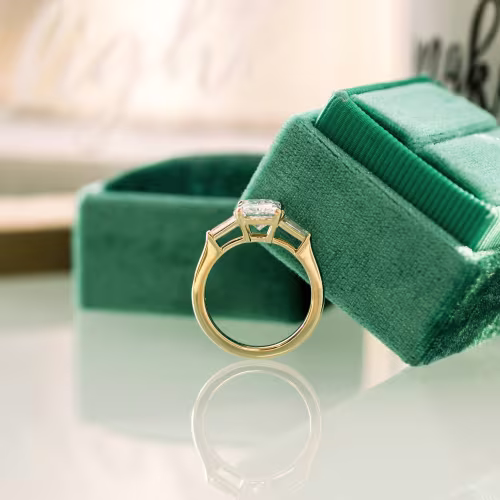 18k yellow gold radiant and baguette three stone lab created diamond engagement ring ada diamonds design ad 485 profile view