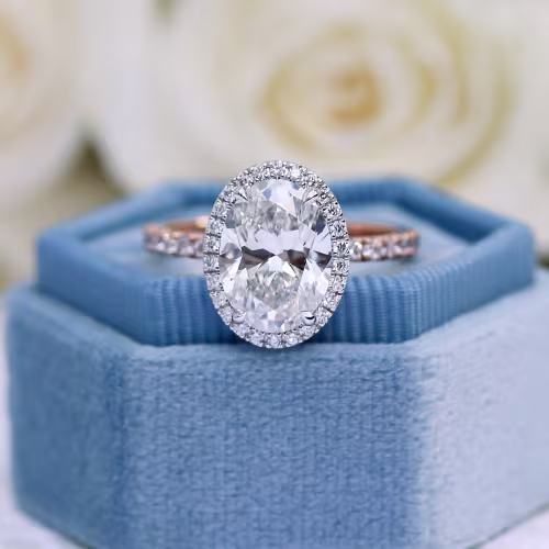 14k White and Rose Gold Three Carat Custom Oval Halo Engagement Ring with Lab Diamonds Ada Diamonds Design Number 179 Macro Shot in Box