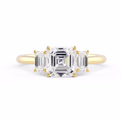 Yellow Gold Asscher and Emerald Diamond Engagement Ring featuring Hand Selected Synthetic Diamonds (Main View)